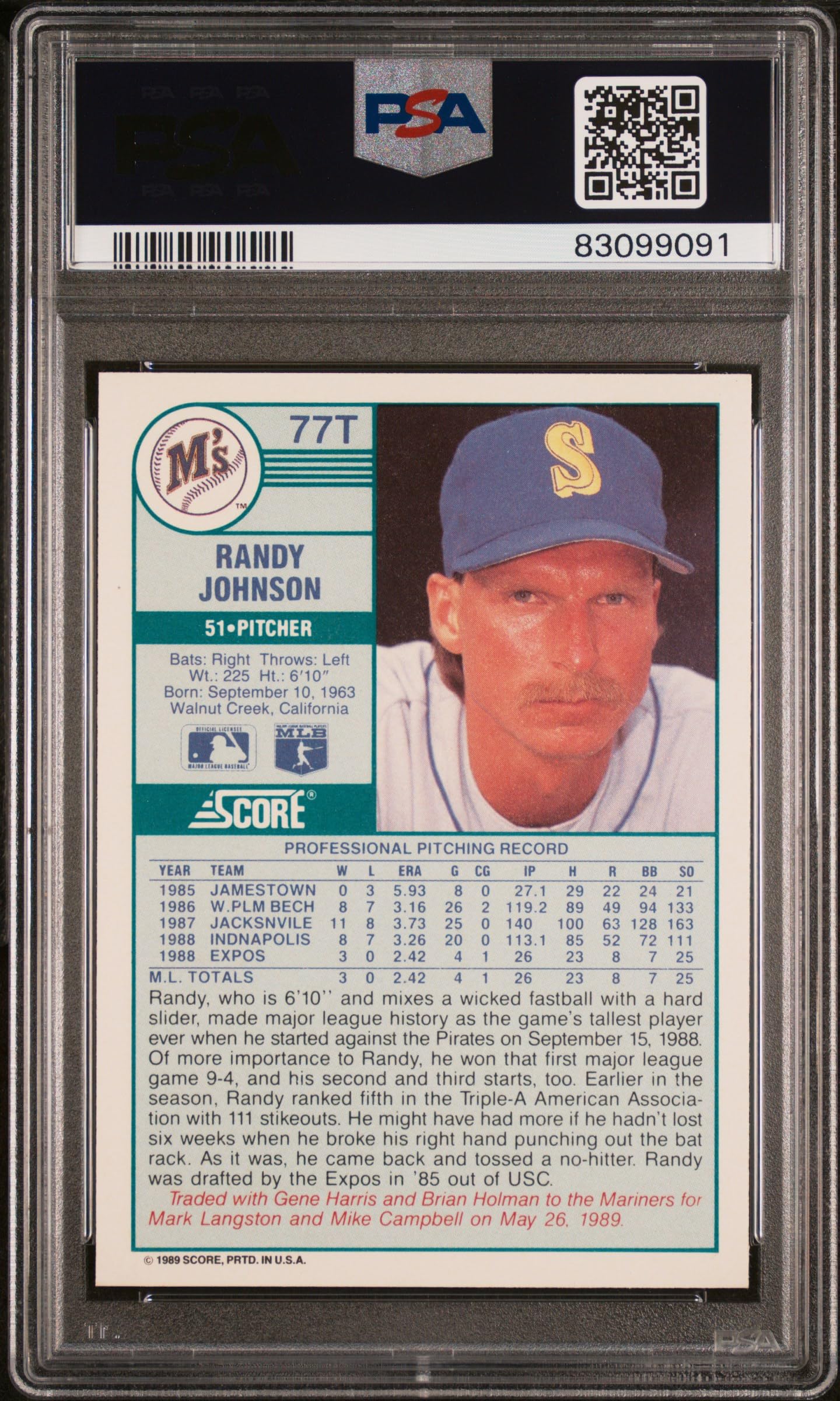 その他 RANDY JOHNSON ROOKIE 1988 Topps Randy Johnson Rookie Card #647 - Montreal Expos