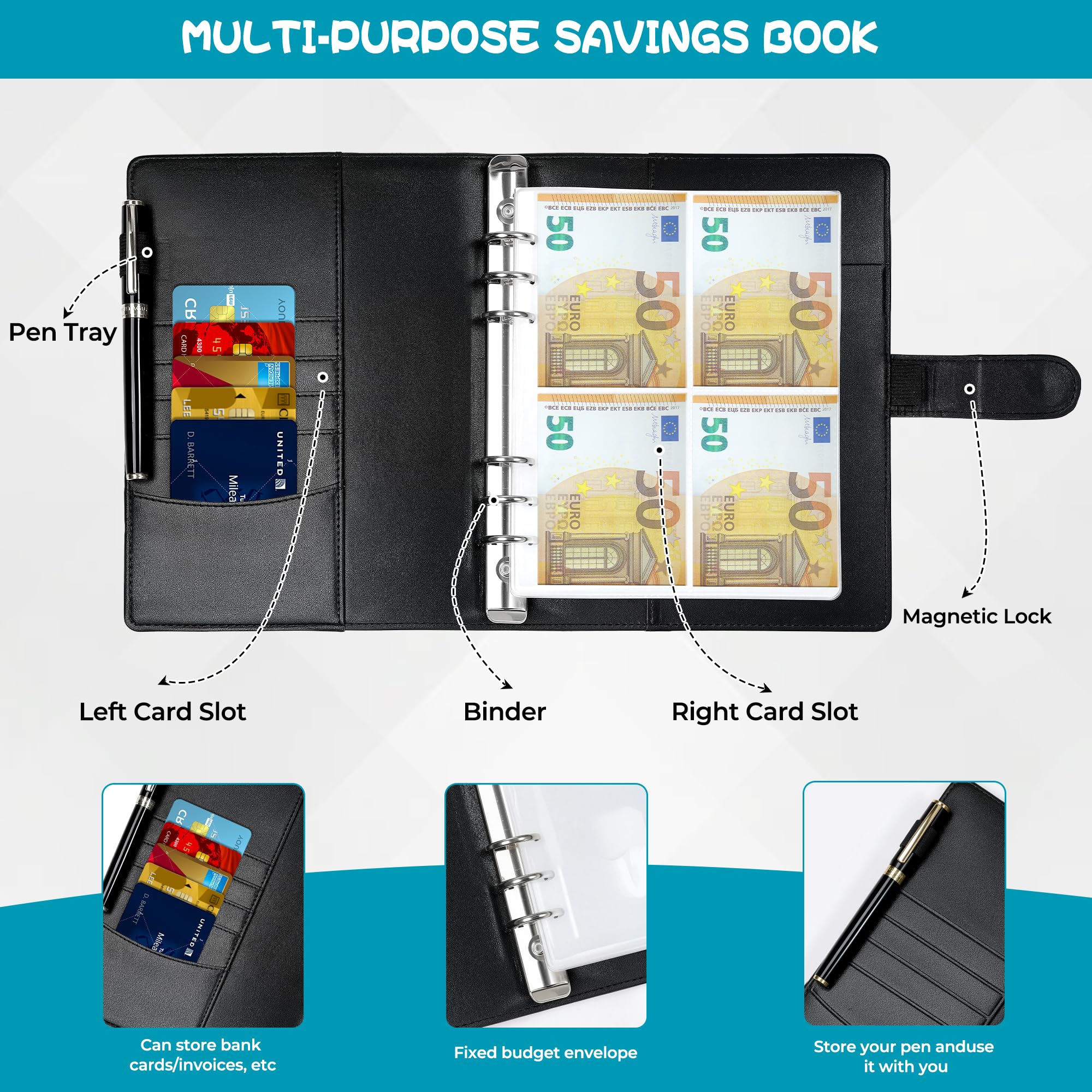 Libro del Risparmio A5, Agenda Risparmio Soldi con Buste, Budget Planner 5050€, Chiusura Magnetica