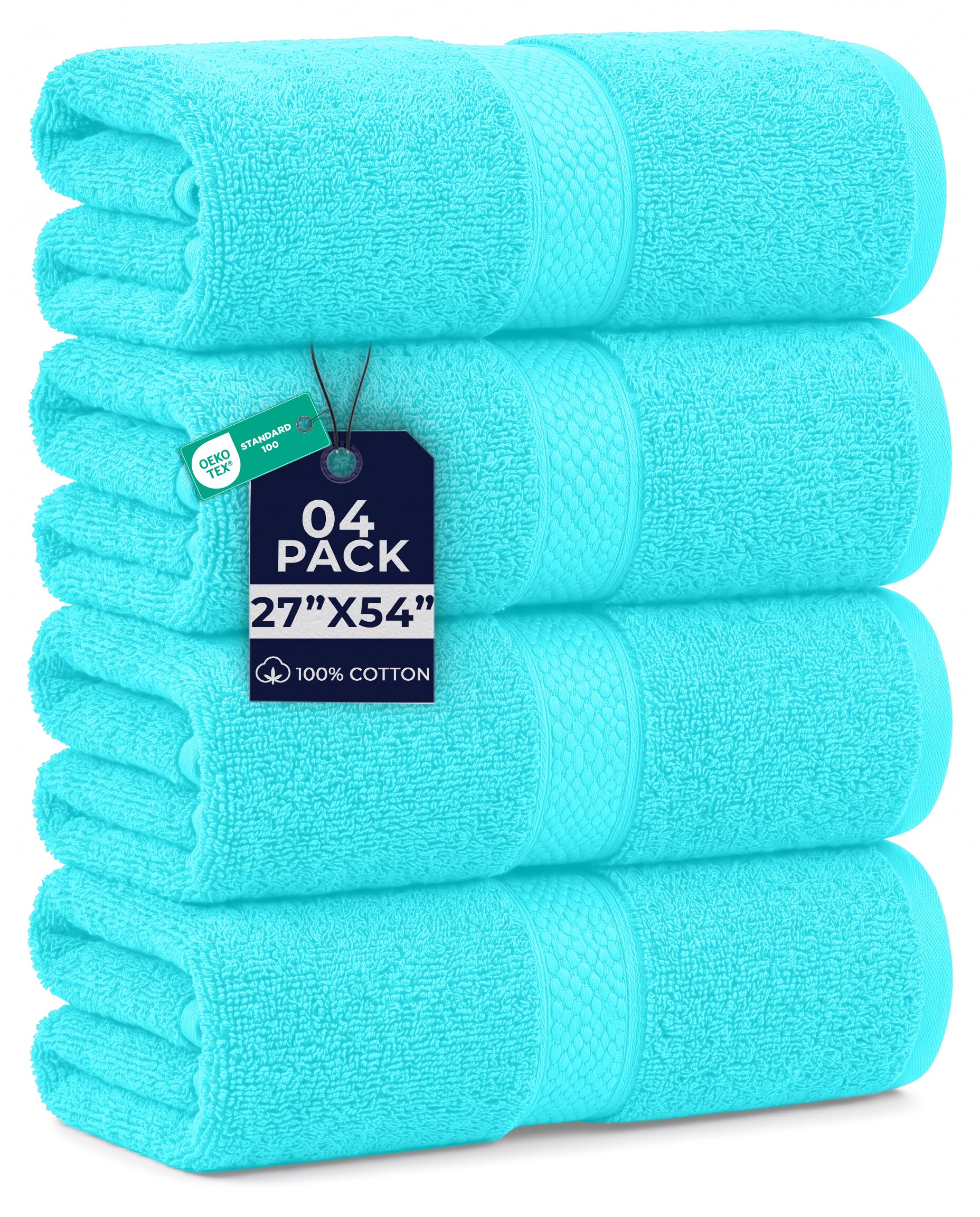 DAN RIVER 600 GSM Cotton Large Bath Towels Set of 4, 27 x 54 Inches, Aqua