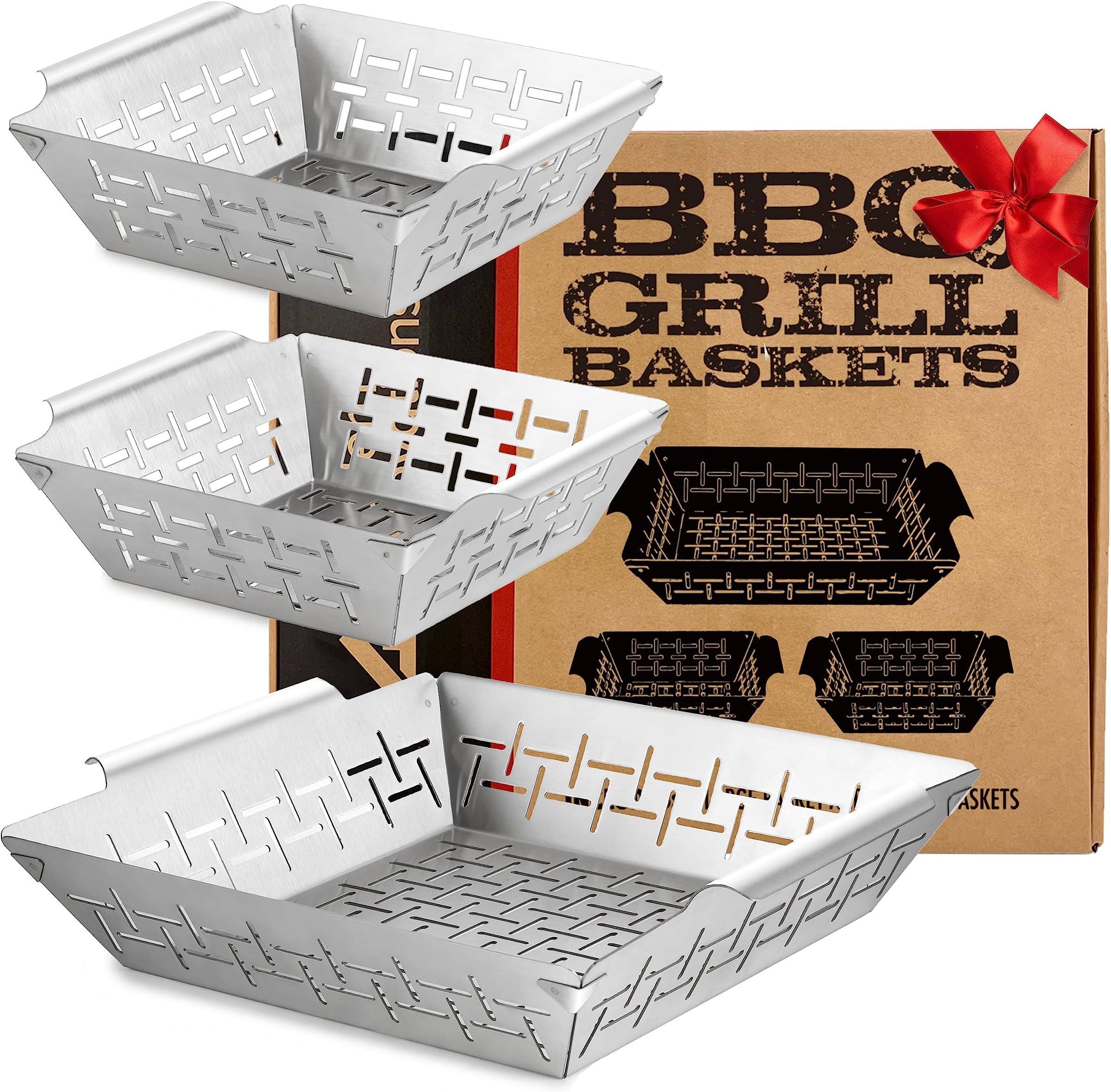 Modern InnovationsVeggie Grill Baskets for Outdoor Barbecue (Set of 3) Campfire BBQ Vegetable Grilling Basket, Tray for Fish, Veggies, Hamburger, 1 Large Pan & 2 Small Pans, Stainless Steel