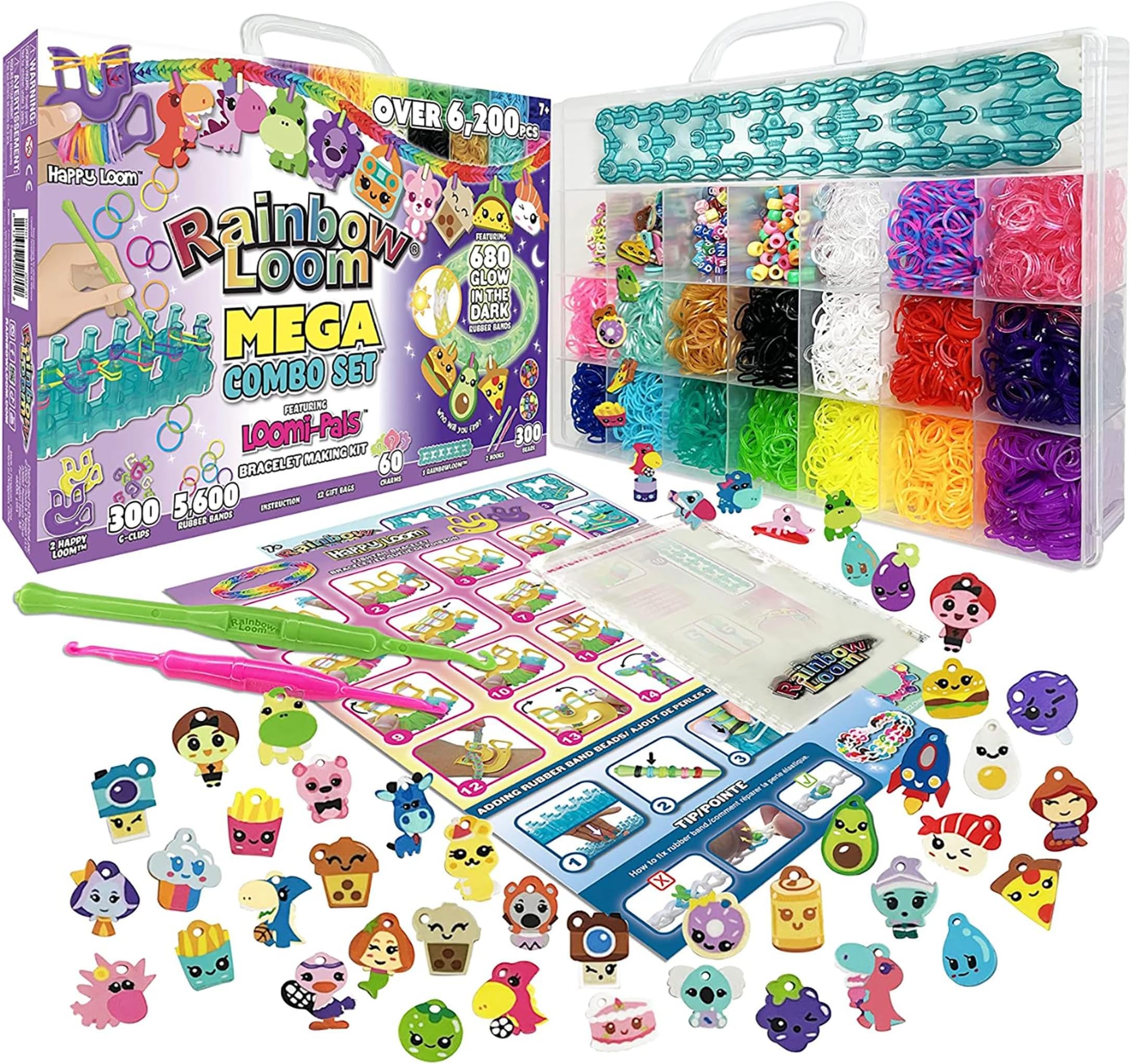 Loomi-Pals Glow in The Dark Mega Combo Set Features 60 Cute Assorted LP Charms, The New RL2.0, Alpha & Pony Beads, 17 Colored Bands (2 Glow) All in a Carrying Case for Boys and Girls 7+