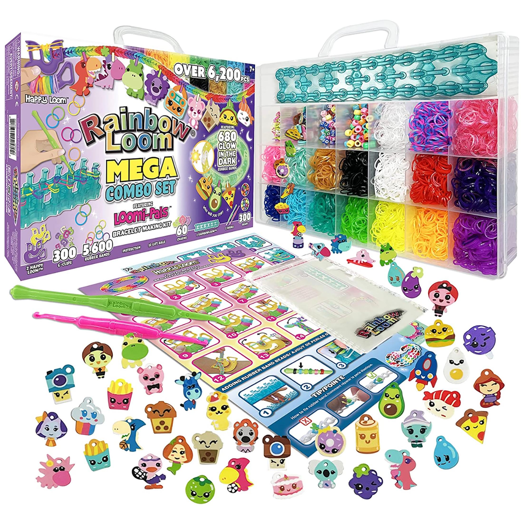 Rainbow Loom® Loomi-Pals Glow in The Dark Mega Combo Set Features 60 Cute Assorted LP Charms, The New RL2.0, Alpha & Pony Beads, 17 Colored Bands (2 Glow) All in a Carrying Case for Boys and Girls 7+