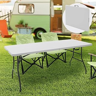 ML-Design Folding Camping Table, White, 180 x 74 cm, Plastic, Folding Table with Carry Handle, Folding Table for Garden, Patio, Balcony, Garden Table for 6 People, Buffet Table, Party Table, Suitcase