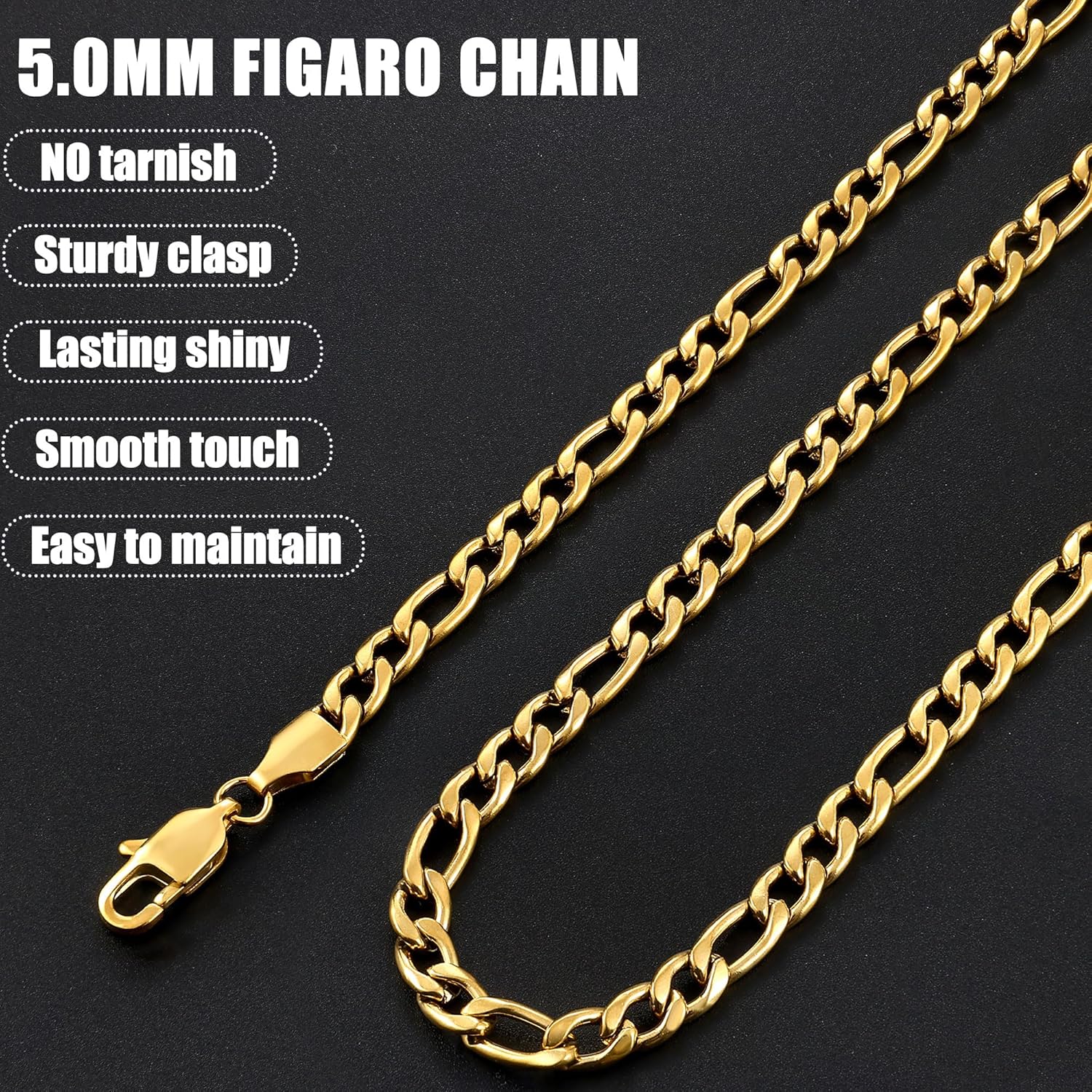 Fiusem Figaro Chains for Men,14k Gold plated Mens Chain Necklaces, 3.5mm/5mm/6mm/8mm/9.5mm Stainless Steel Men Necklaces - Image 5