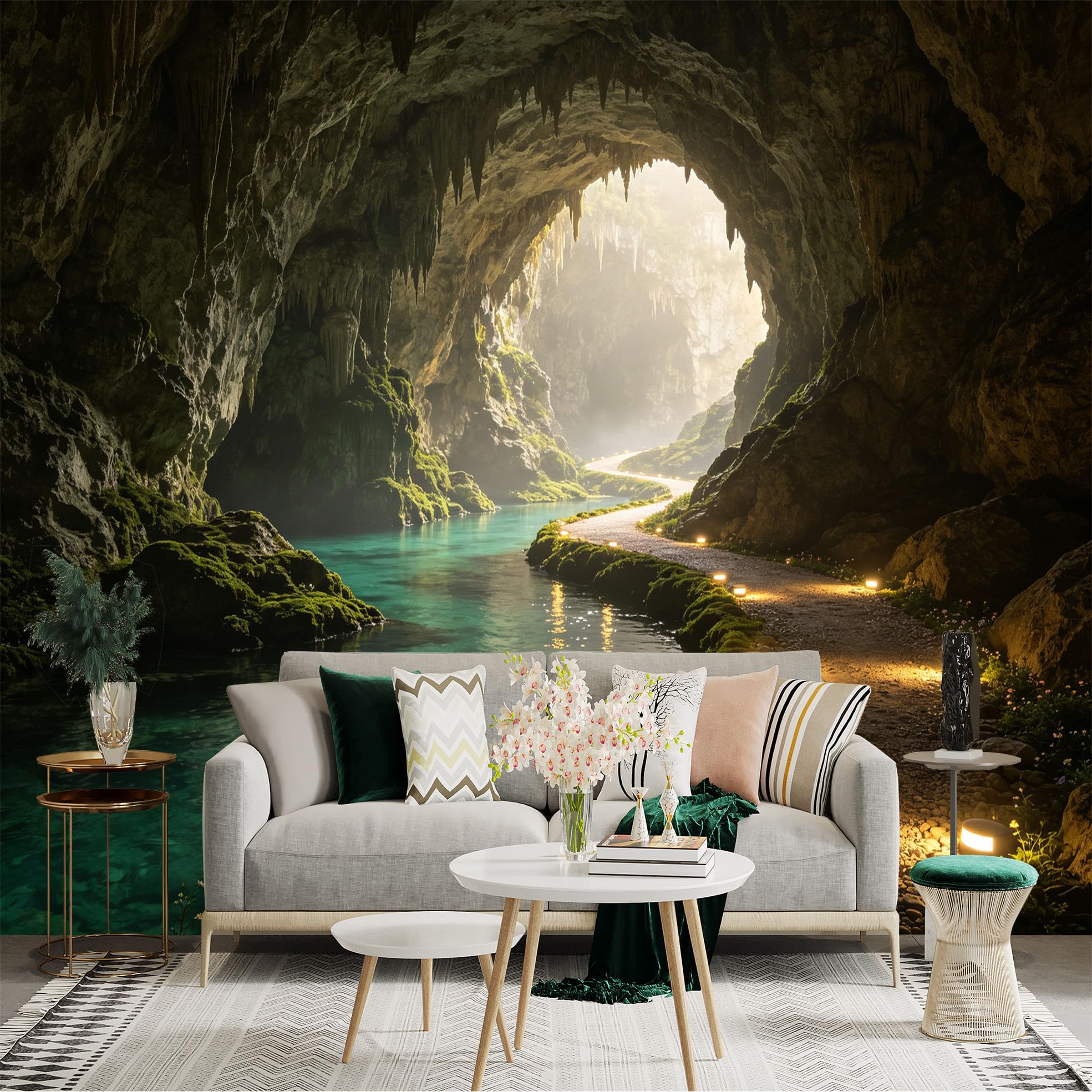Custom Size Wall Sticker Mural， Mysterious Limestone Cave with Underground River， Glowing Pathway， Natural Scenic View， for wall Decoration， peelandstick wall Decals.
