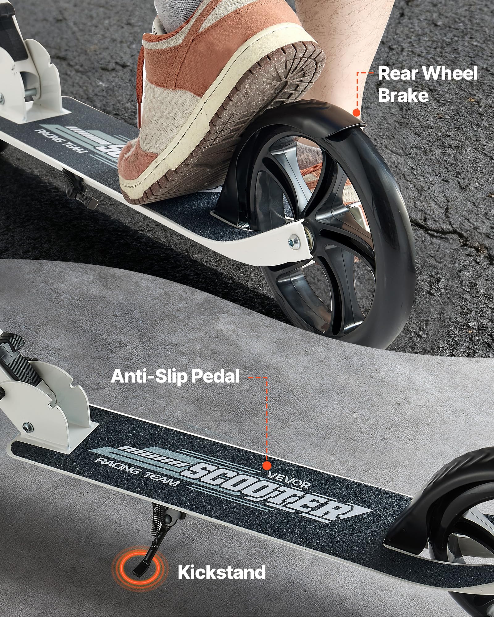 VEVOR Patinete 2 Ruedas, para Niños a Partir de 8 Años, Patinete de Calle Plegable con Manillar Regulable en Altura y Base Antideslizante, Chasis de Acero, hasta 100 kg, Color Negro y Blanco