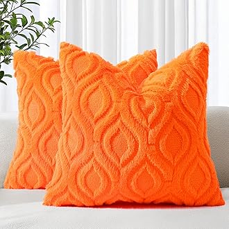 decorUhome Throw Pillow Covers 16x16 Inch Set of 2, Soft Plush Faux Wool Orange Solid Couch Pillow Covers, Accent Farmhouse Neutral Square Pillow Cases for Sofa Bed Living Room