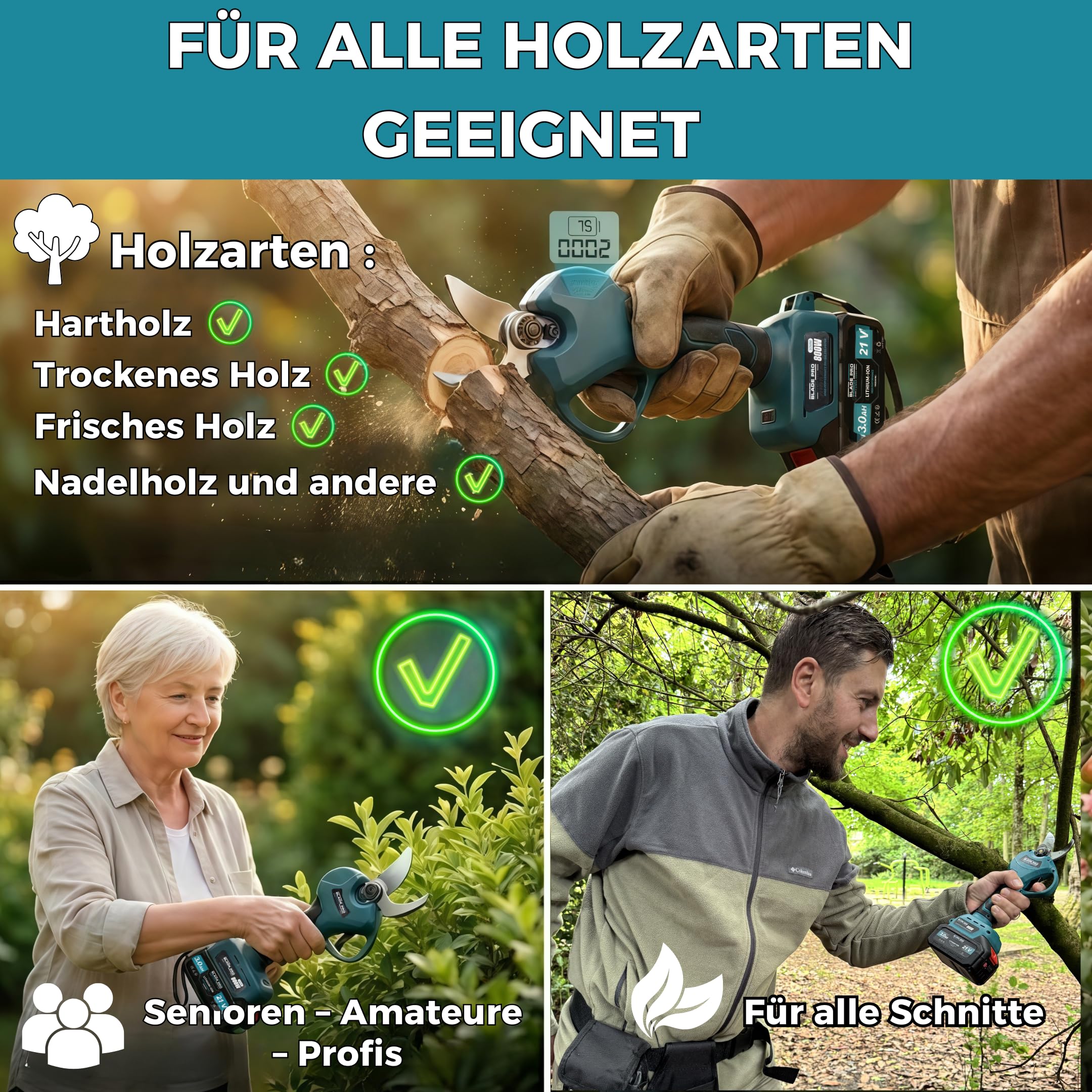 Akku Astschere bis zu 40mm Elektrische Gartenschere 6000mAh — Kabellos für Makita 18V — Bürstenloser Motor 800W — LCD Display — 10-teiliges Set BLADEPRO