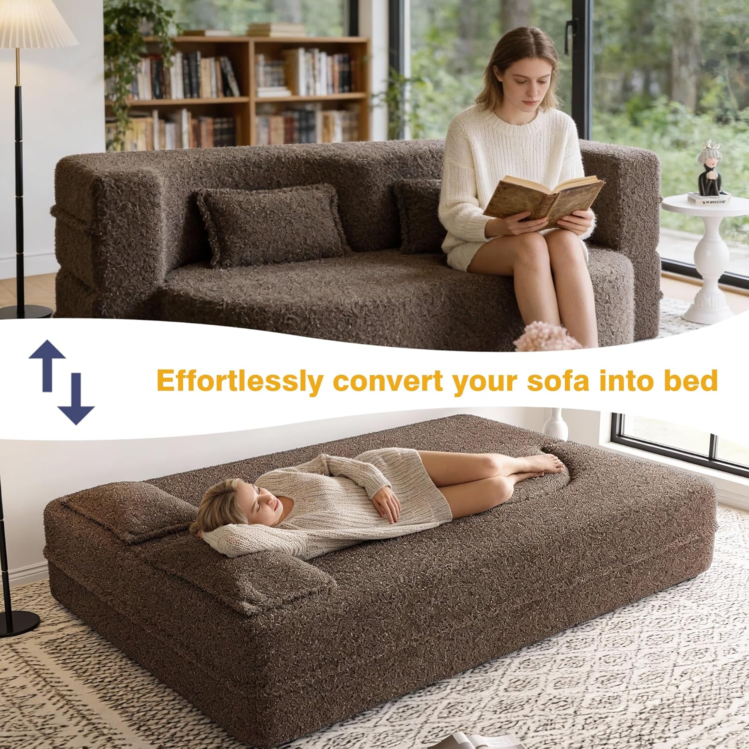 78" Full Size Convertible Folding Sofa Bed, Modern Teddy Fabric Futon Sofa Bed with 2 Pillows, Foam Mattress Futon Loveseat Couch, No Assembly Floor Couches for Living Room, Playroom, Apartment, Brown