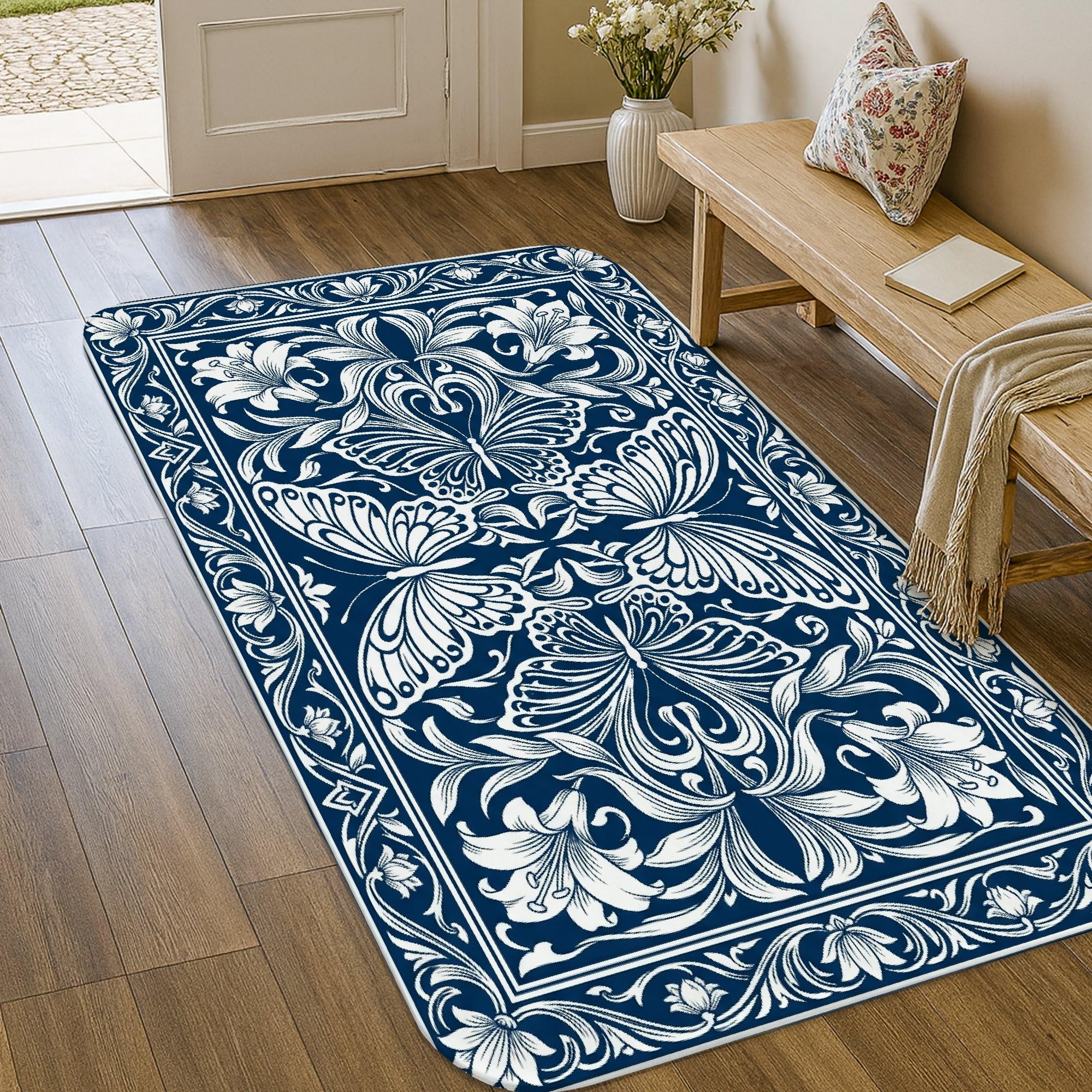 Tapis vintage élégant motif papillon floral et finitions éponge