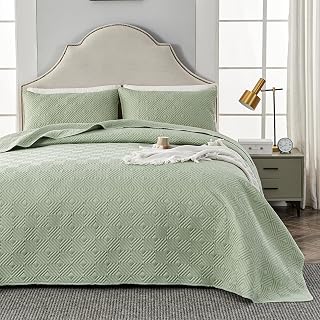 Qucover Colcha Verano Verde Cama 150, Juego de Colchas Ultrasónica con 2 Fundas de Almohada 50x75cm, Cubrecama 220x240 Microfibra, Manta Superligera con Patrón Geométrico