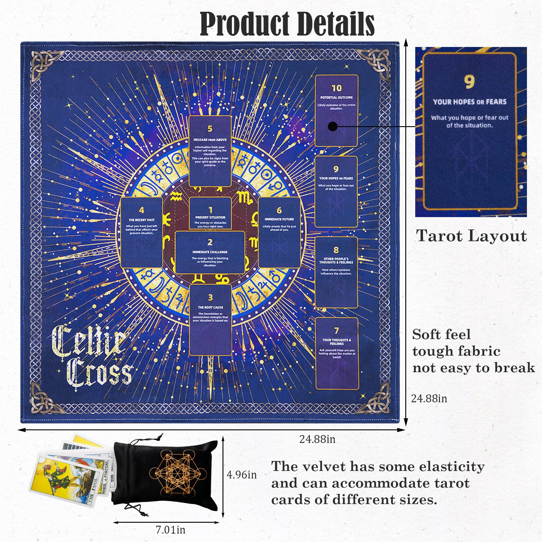 Knana Tarot Divination Altar Cloth - Velvet Tarot Accessories with Celtic Cross Pattern - Star