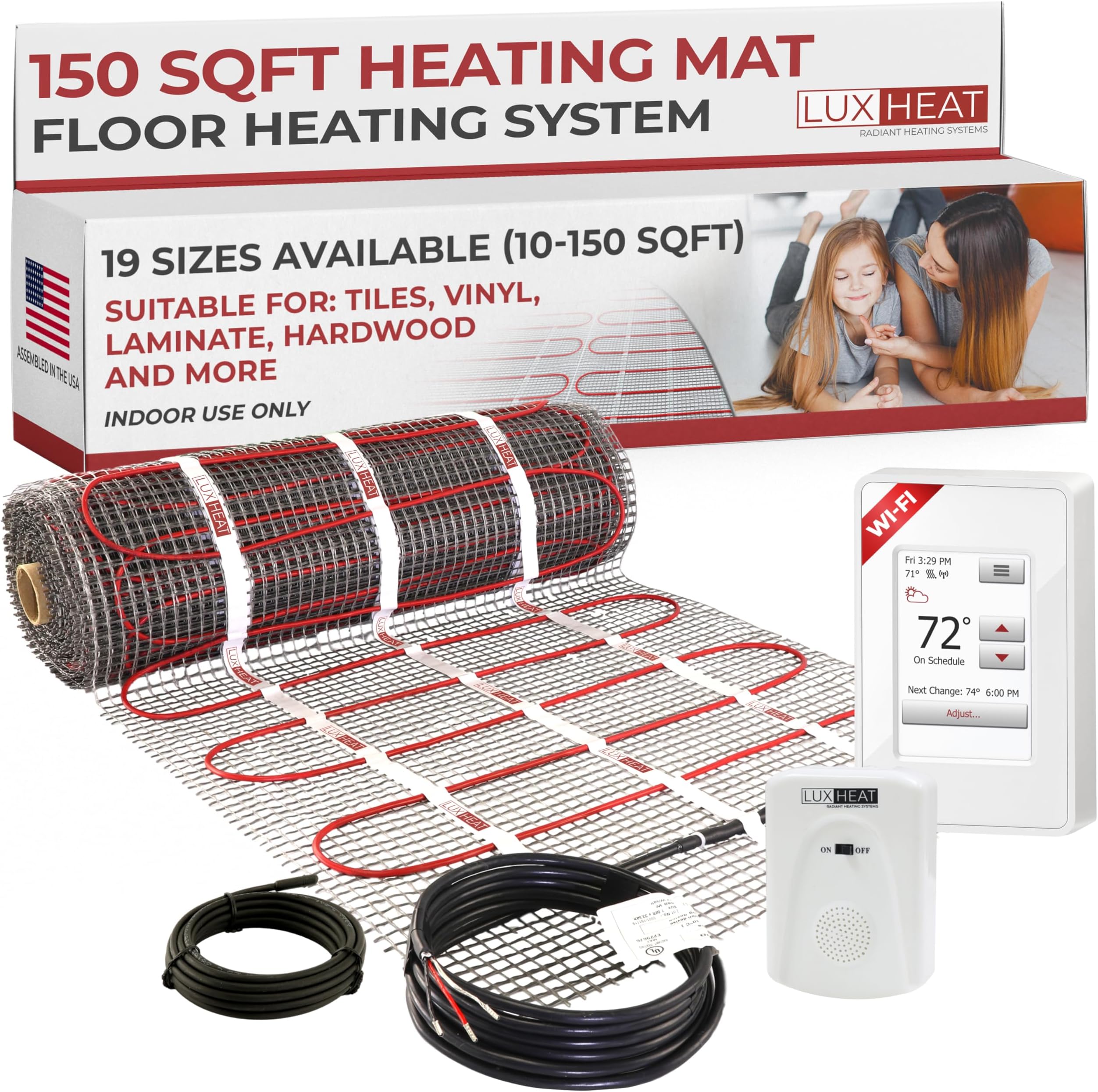 150sqft Floor Heating Mat Kit - 120v Underfloor Heating System - Electric Radiant Heated Flooring System for Tile & Laminate - Includes UWG4 WiFi Programmable Thermostat w/GFCI, Alarm & Sensor