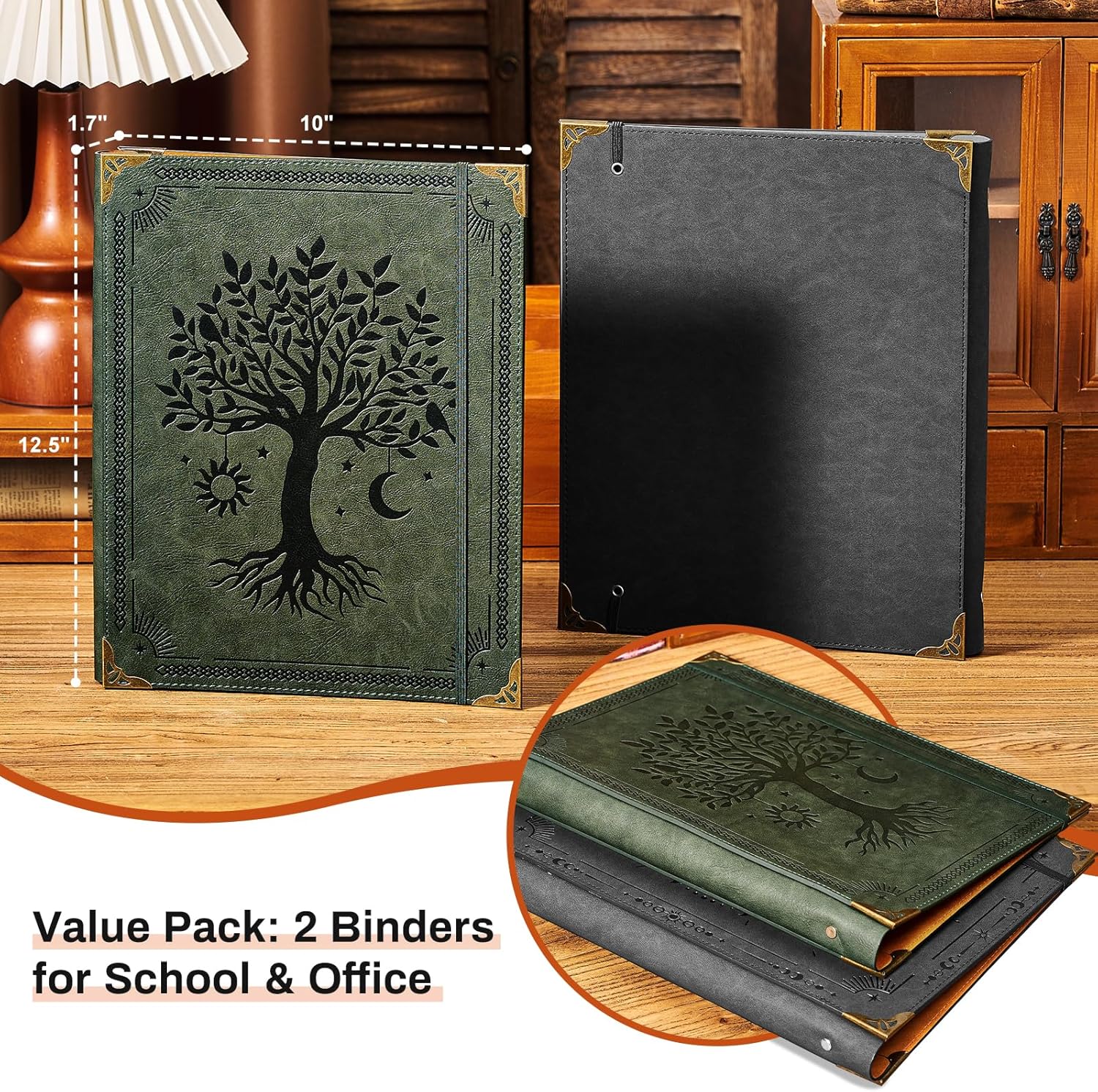 OVESMUSL 2 Pack Leather 3 Ring Binder Fits 8.5"x11" Letter Size Paper, 1 Inch Round Ring Binder Holds 200 Sheets, Notebook Cover Loose Leaf Organizer, Green and Black