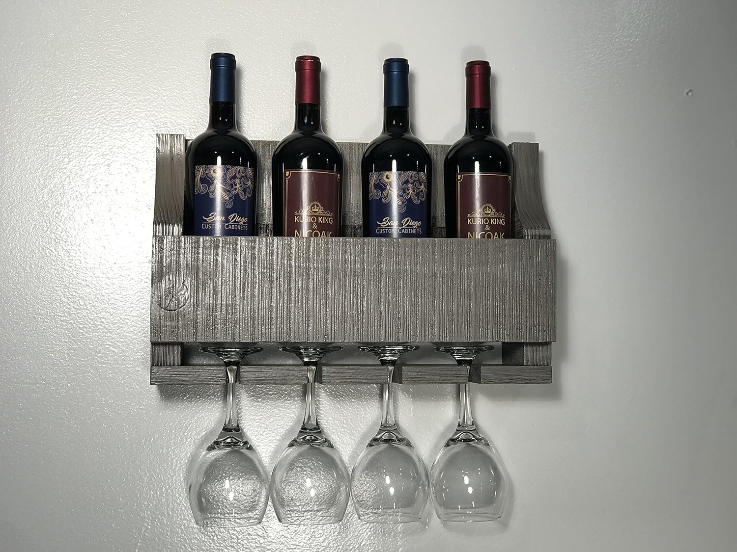 Empire USA - Barnwood Wall Mount Wine Rack Holds 4 Wines and 4 Long Stem Glass Rustic Reclaimed Wood (American Grey)