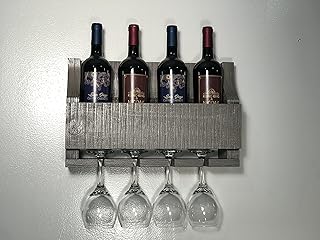 Barnwood Wall Mount Wine Rack Holds 4 Wines and 4 Long Stem Glass Rustic Reclaimed Wood (American Grey)