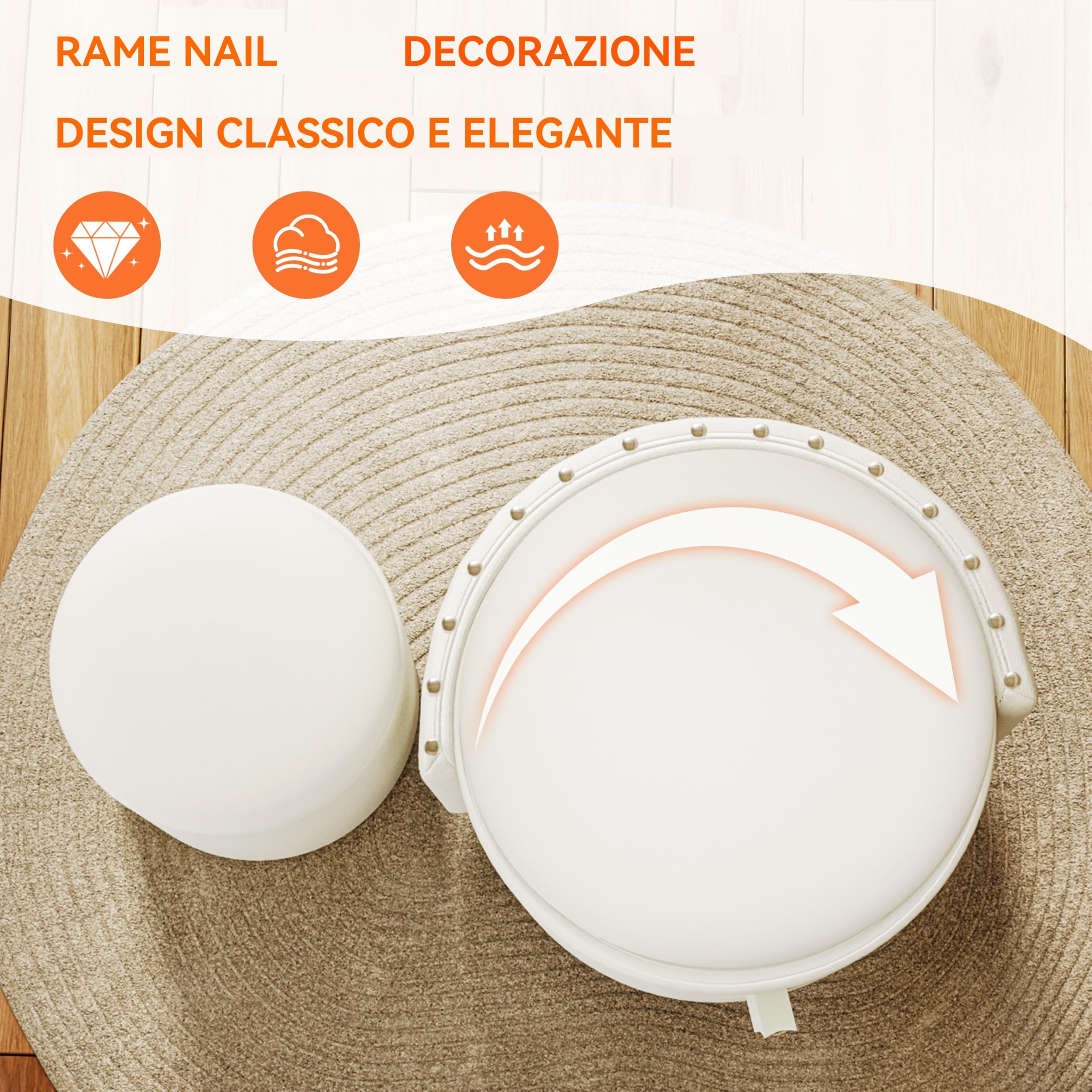 Sgabello da trucco rotondo con contenitore, girevole in pelle PU e schienale ribaltabile. Puffo imbottito con rotelle per camera da letto e soggiorno
