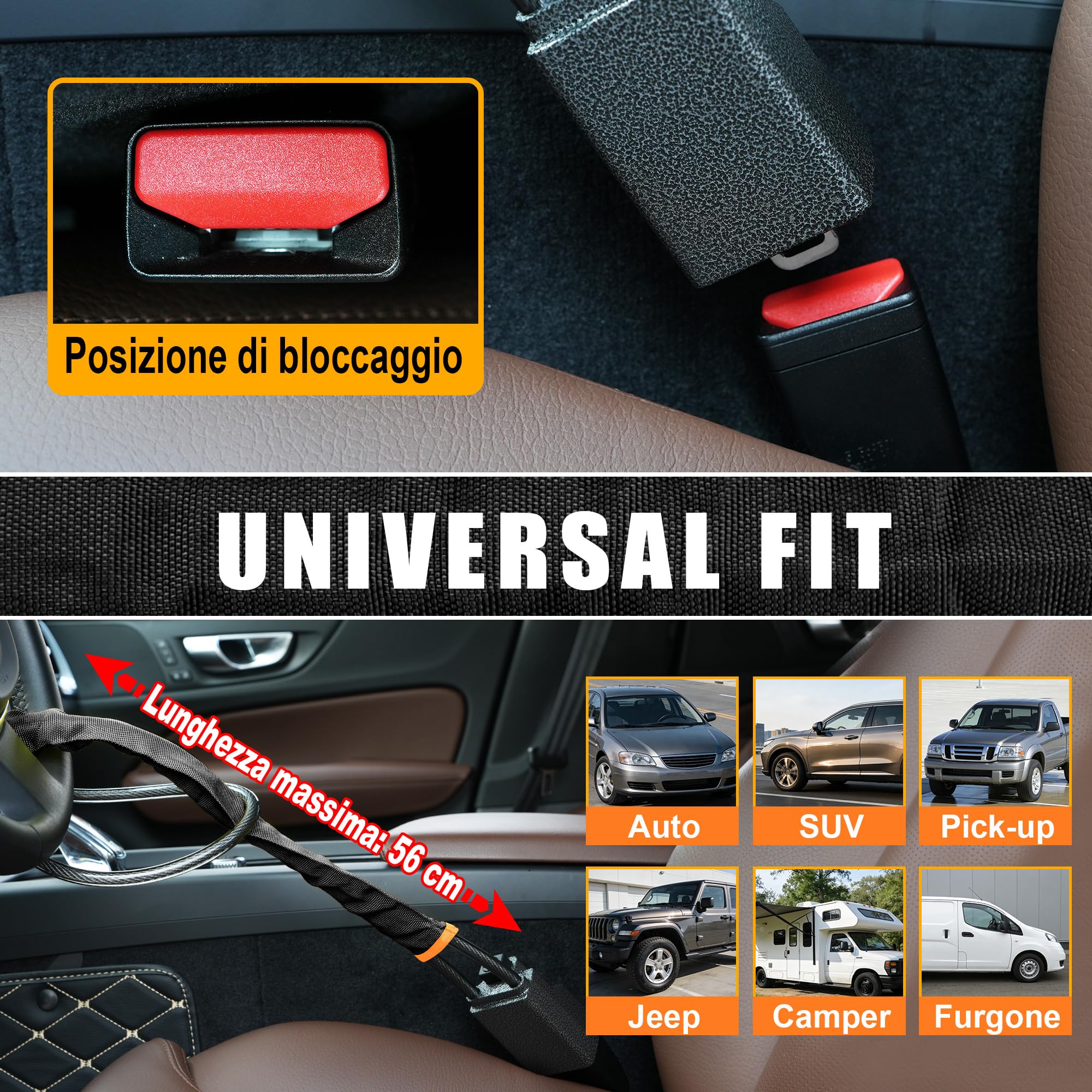 Blocco volante Turnart, compatibile con la maggior parte dei modelli. Robusto e resistente, questo dispositivo antifurto per auto è adatto a berline, camion, SUV (Nero, Set in metallo)