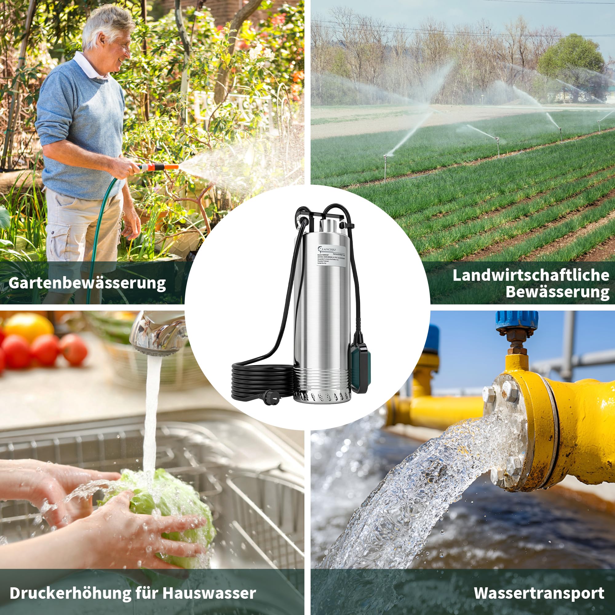 LANCHEZ 1500 W Tauchpumpe mit schwimmer, Tauchdruckpumpe mit 6800 l/h Fördermenge, Förderhöhe max. 60 m, Eintauchtiefe max. 16 m, Wasserpumpe für Keller, Landwirtschaft, Gartenbau