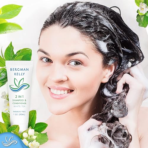 Miniatura 6 de BERGMAN KELLY Champú y acondicionador de tamaño de viaje 2 en 1 (1 onza líquida, paquete de 200 unidades, té blanco), deleita a tus invitados con