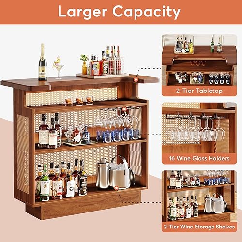 Miniatura 5 de Tribesigns Mueble de bar de ratán para el hogar, mesa de bar de 4 niveles con 4 estantes de copas y base elevada, gabinete de bar de vino de licor,
