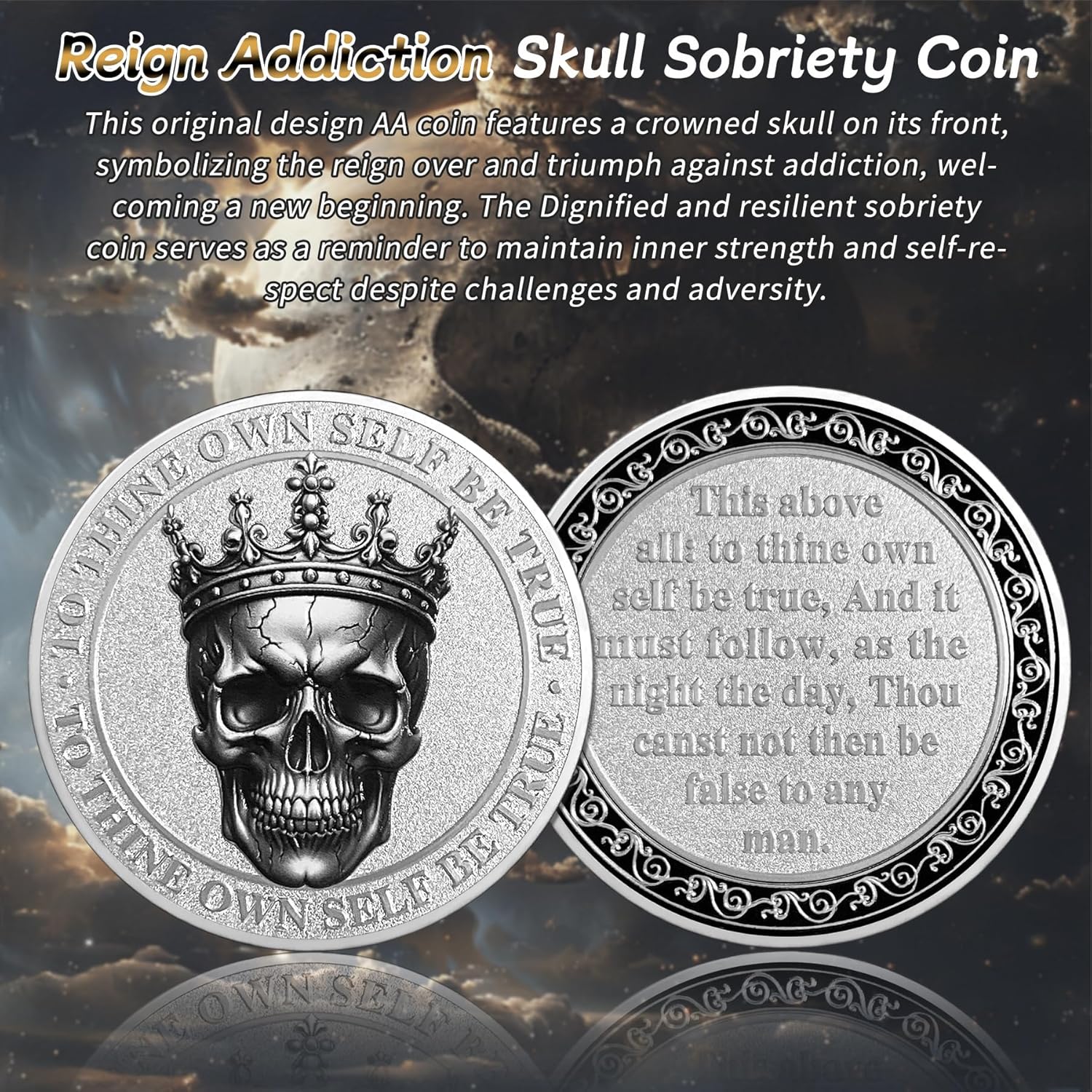 Reign Addiction Skull Sobriety Coin - to Thing Own Self be True AA Coins - Silver Recovery NA AA Chips and Medallions - Celebrate Living Clean Narcotics Alcoholics Anonymous Gifts for Men Women - Image 2