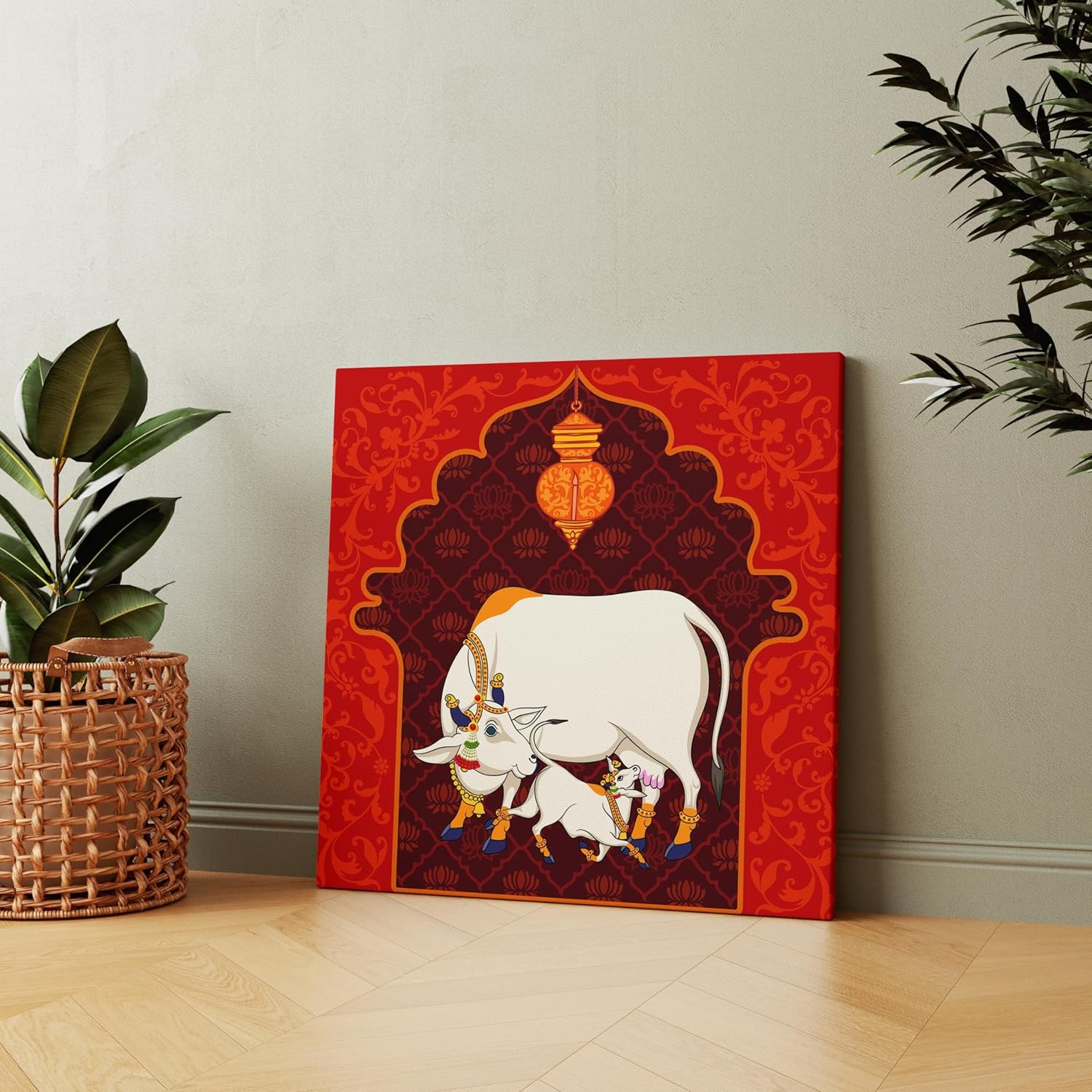 Casperme Kamdhenu Cow Vastu Prosperity Cotton Canvas Wall Painting For Living Room for Bedroom, Hotels & Office Decoration (Red, 24 x 24 inches) Casperme Kamdhenu Cow Vastu Prosperity Cotton Canvas Wall Painting For Living Room for Bedroom, Hotels & Office Decoration (Red, 24 x 24 inches)