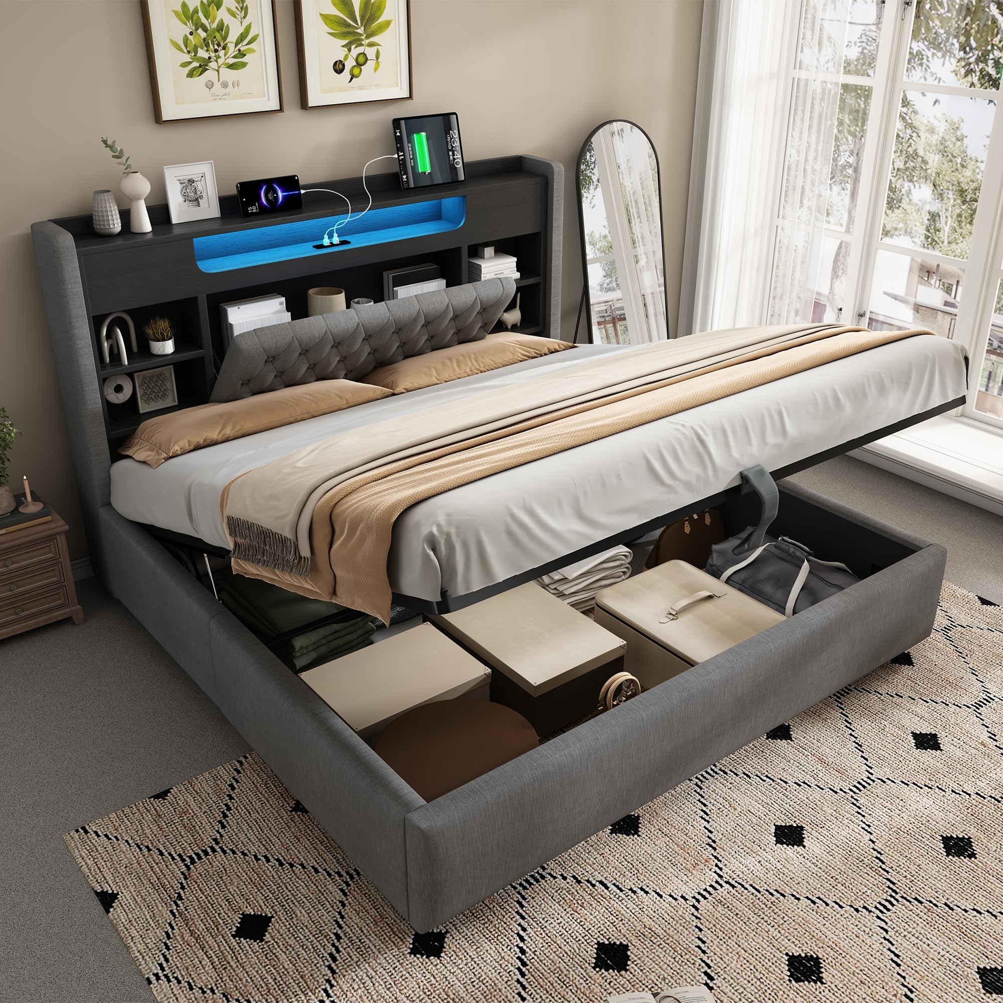 DEKKETO Lit Coffre 180x200 avec Sommier LED et USB, Lit 2 Personnes, Gris
