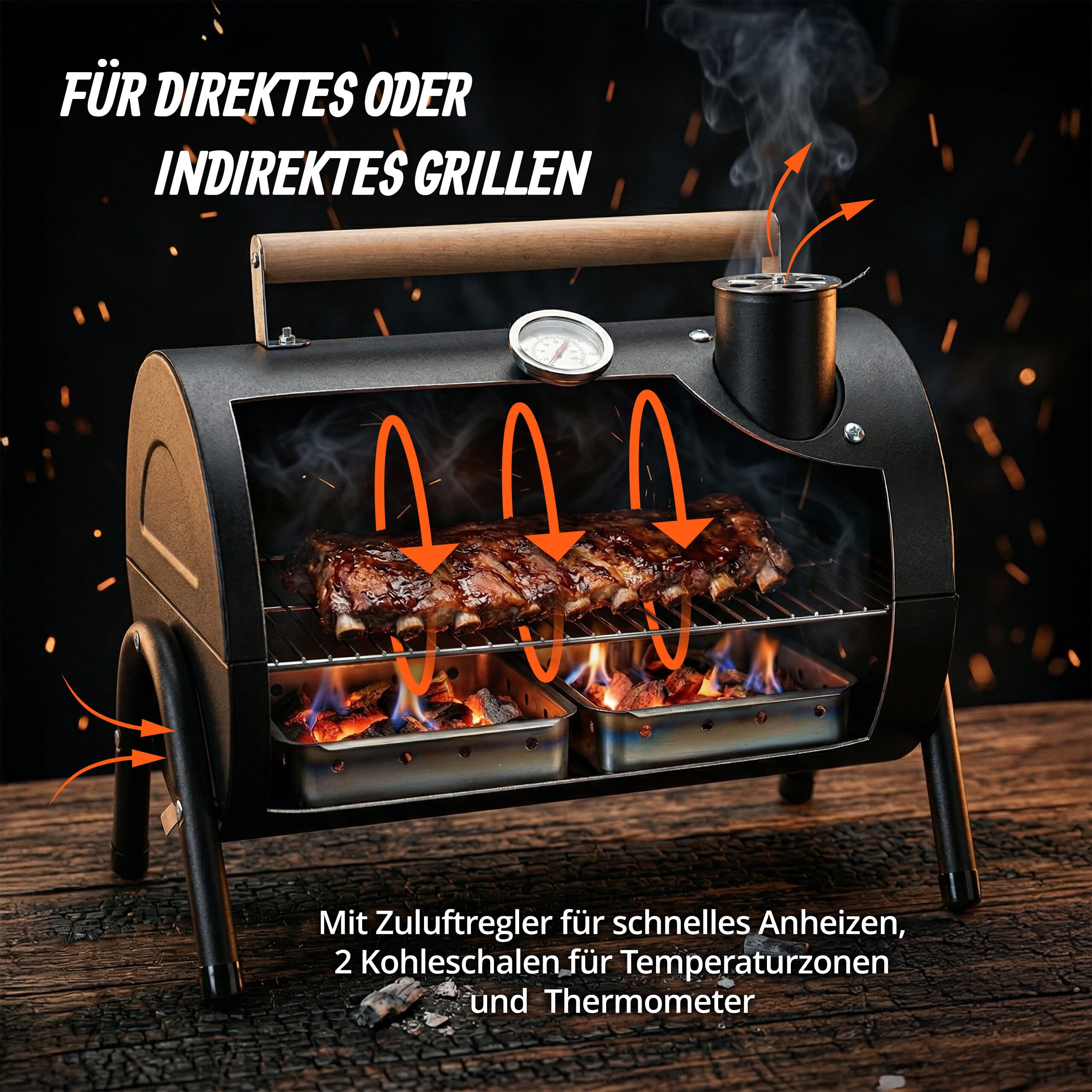 Relaxdays Campinggrill, 2 Kohleschalen, Thermometer, Rauchabzug, schwarz