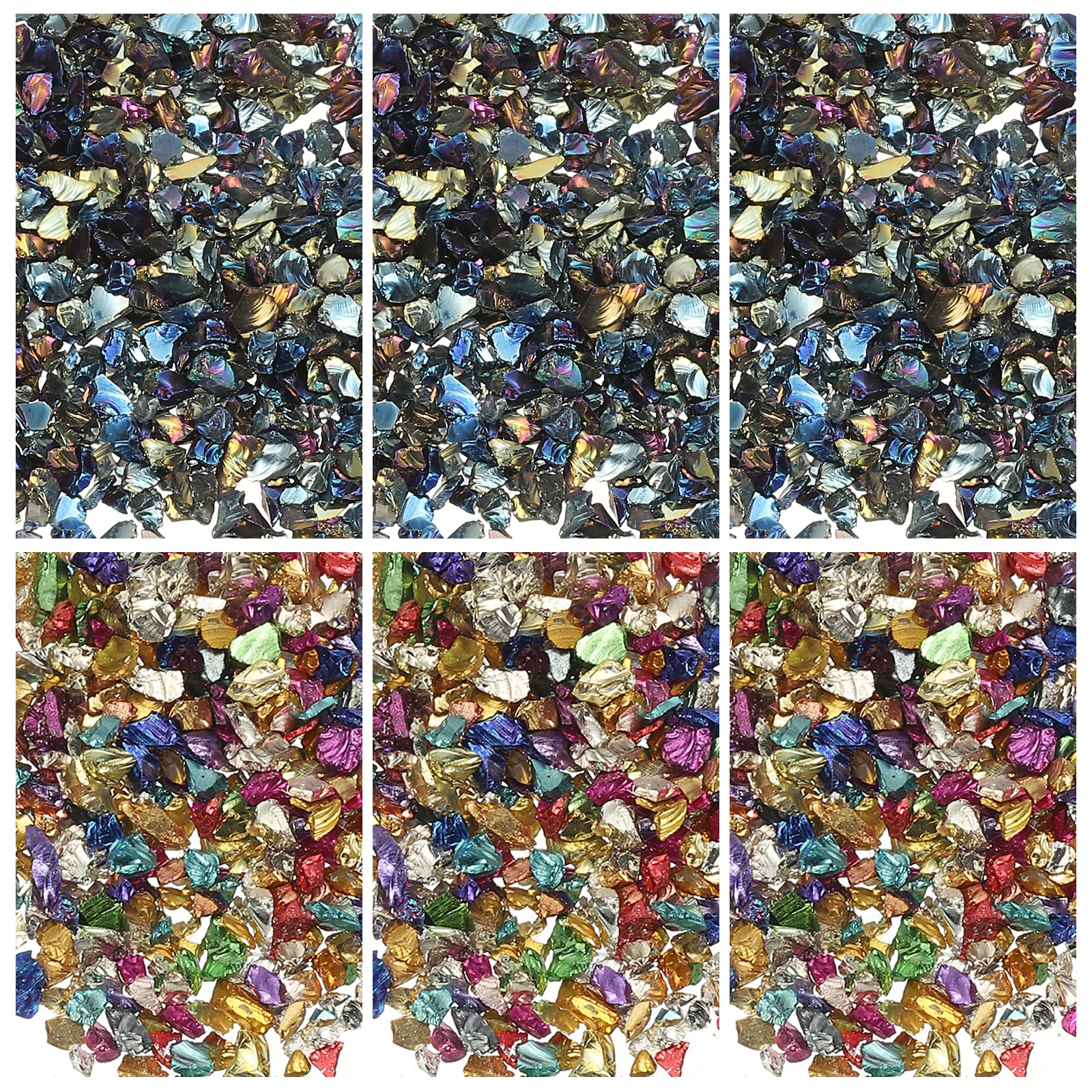 sourcing map 6 Colors Crushed Glass Chips, 1-3mm Irregular Glitter Metallic Glass Broken Glasses Pieces with Laser Bag for Craft DIY Vase Epoxy Halloween Decoration 32g, Multicolor