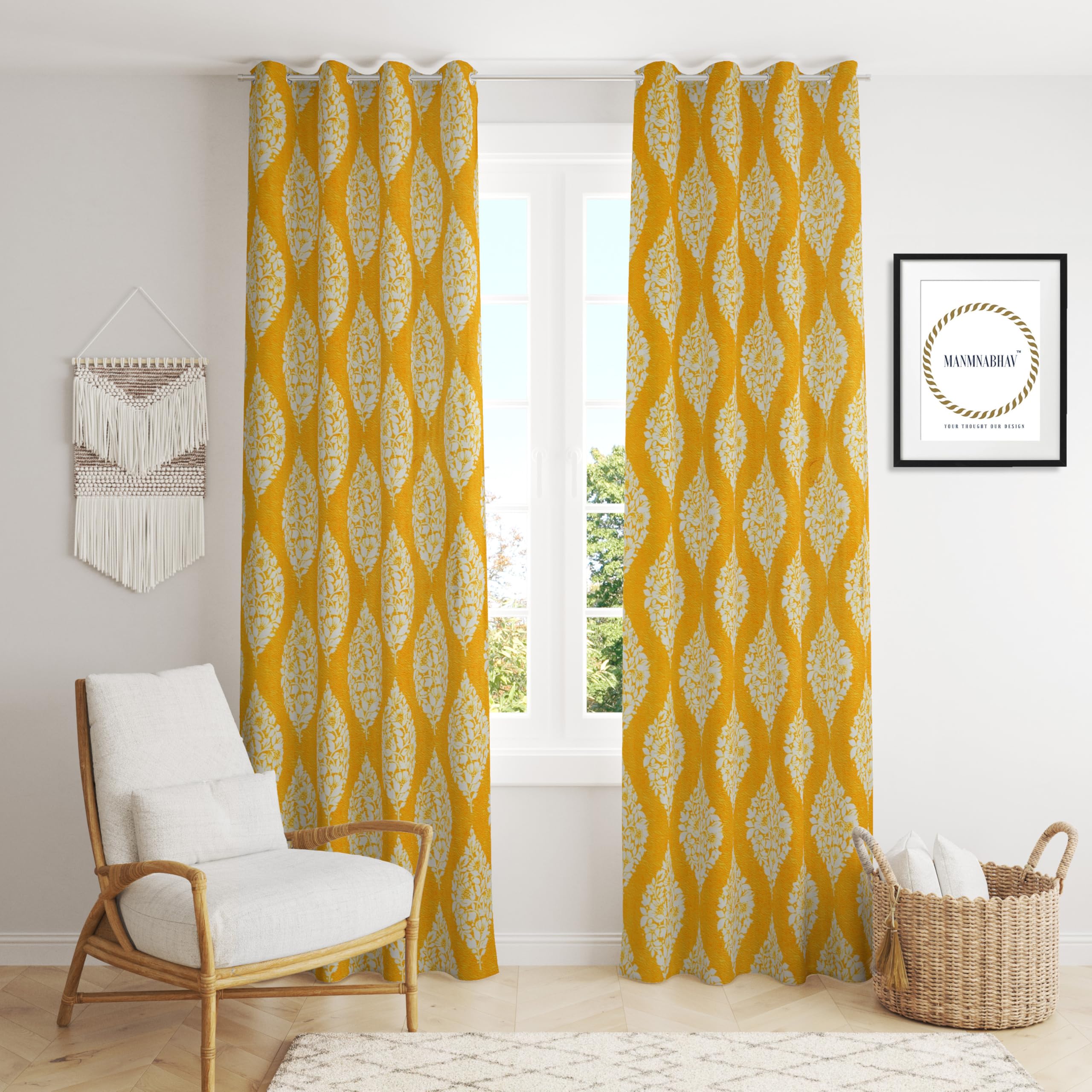 Polyester Fabric Classic Print Window Curtains, 5 feet, Yellow Color,Pack of 2-image-47
