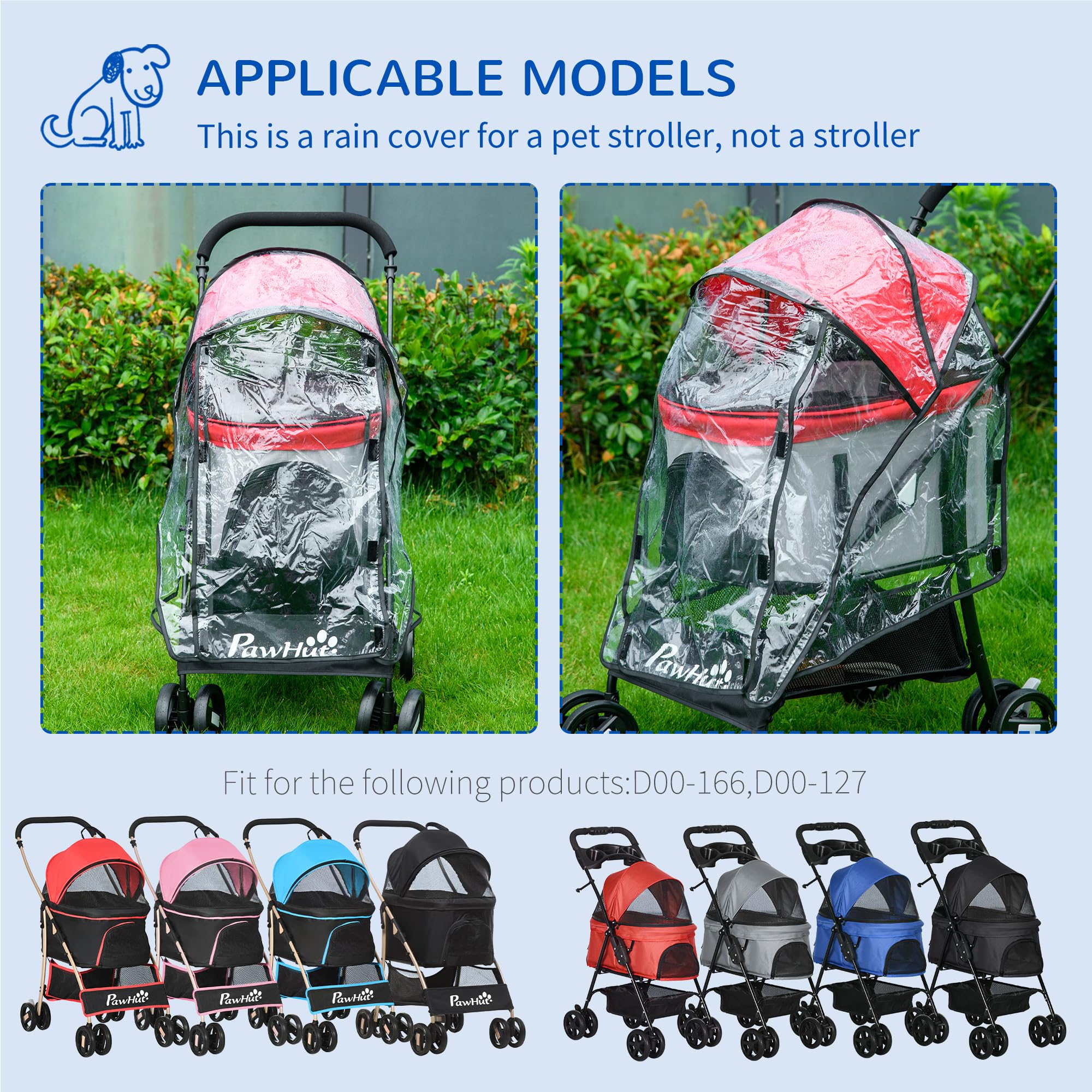 PawHut Dog Pram Rain Cover, Cover for Dog Stroller Buggy with Front, Rear Entry, Clear, 58 x 40 x 75 cm - Image 3