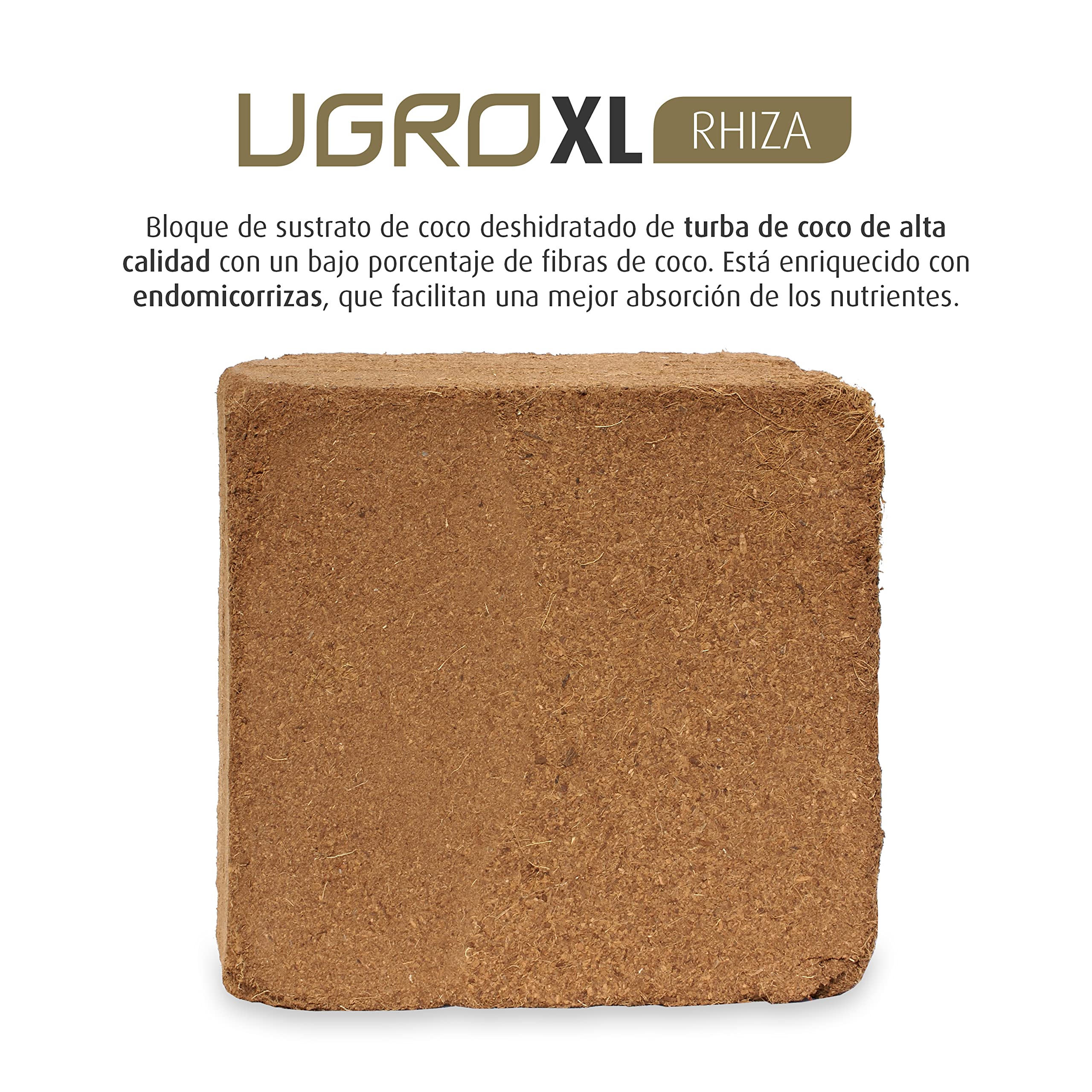 XL Rhiza - Sustrato de Coco de Alta Calidad Enriquecido con Endomicorrizas, Bloque Comprimido con bajo porcentaje de Fibra de Coco para Plantas y Huerto, 5 kg - 70 L (32x32x14 cm)