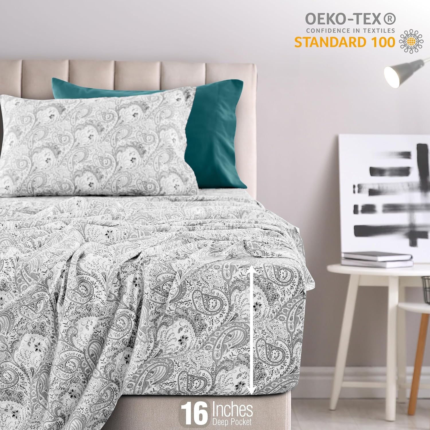 Ultra Soft Wrinkle-Free Microfiber Paisley Twin Sheet Set, Breathable Boho Bed Sheet Set – 16" Deep Pocket Fitted Sheet, Flat Sheet & 2 Pillowcases, Juegos de Sábanas, OEKO-TEX - White/Grey - Image 4