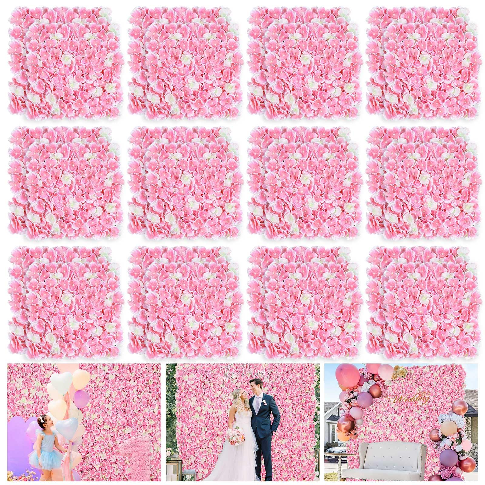 Pink Backdrop Flower Wall Panel: 24 Pcs 3D Silk Flower Wall Backdrop Artificial Hydrangea Floral Backdrop for Wedding Party Birthday Decoration (15 x