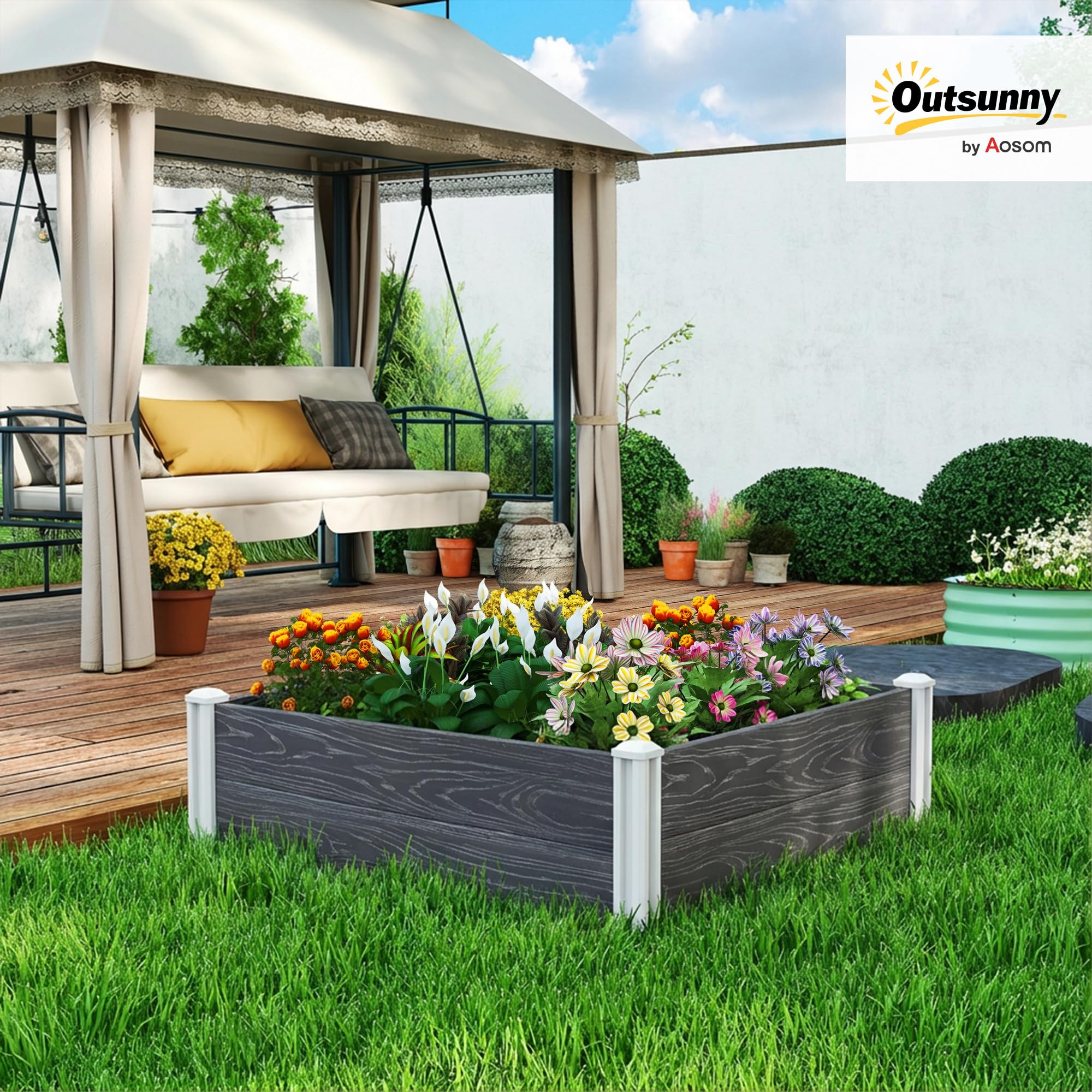 Outsunny Letto Rialzato da Giardino in Vinile, 102x102x33 cm, Kit Modulare con Gambe ad Incastro e Fondo Aperto, Fioriera Orto Rialzato da Esterno per Fiori, Erbe e Verdure, Grigio Scuro