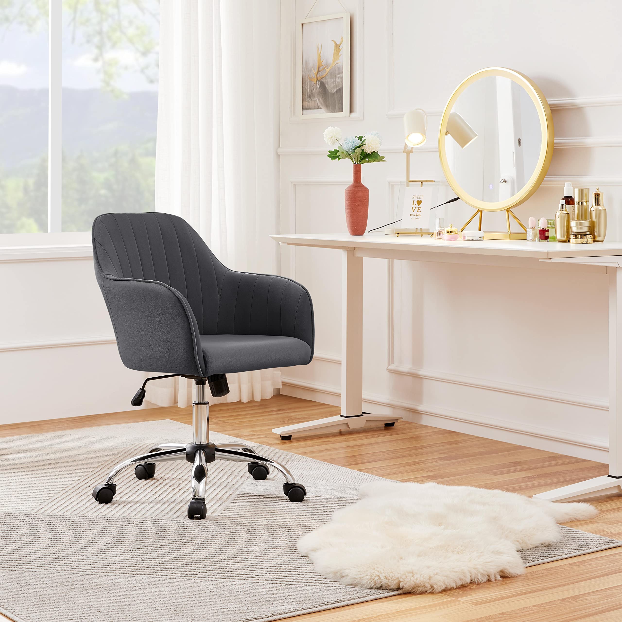 Yaheetech Homeoffice Stuhl, höhenverstellbar Schminkstuhl, Dunkelgrau | Schreibtischstuhl mit atmungsaktivem Stoff, Bürostuhl mit Armlehnen, für Arbeitszimmer, Schlafzimmer, bis 136 kg belastbar