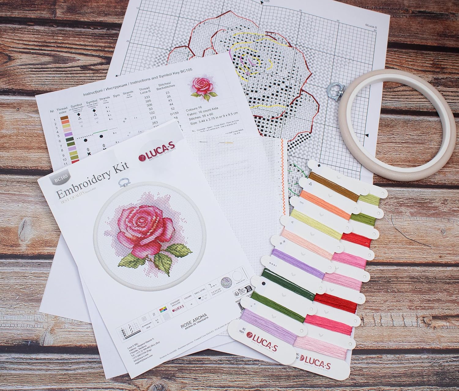 Luca-S Cross Stitch Kit with Hoop Included Rose Aroma, BC105, Counted Cross Stitch Crafts Kit for Adults, Needlecraft and Embroidery Kit