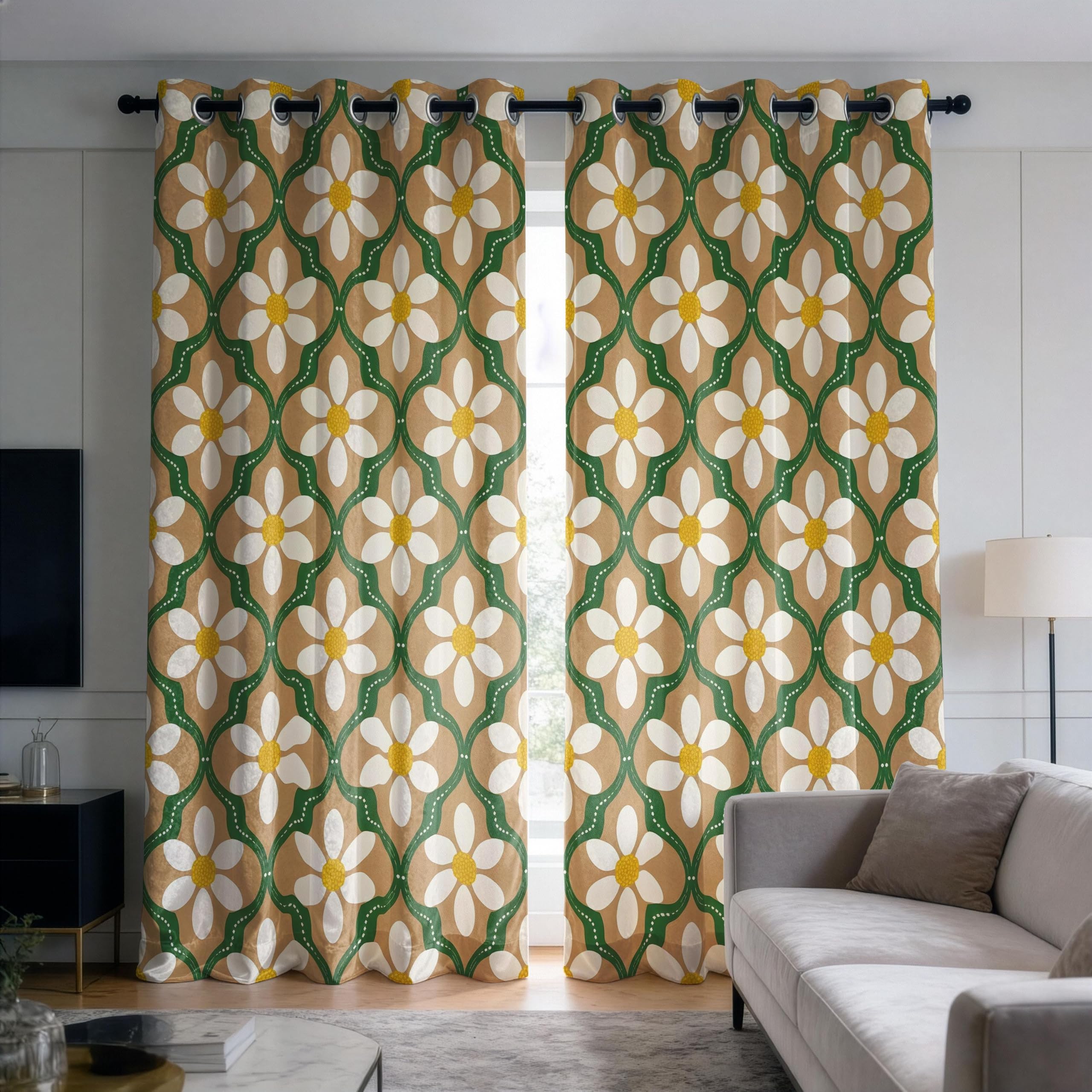 Verdunkelungsvorhänge fürs Schlafzimmer – Retro-Blumenvorhänge, geometrische Blumengardinen, Fensterpaneele im Mid-Century-Stil fürs Wohnzimmer (B x H/2 x 83 x 190 cm)
