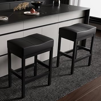 BLANKSPACE Black Bar Stools Set of 2, Bar Stools for Kitchen, Saddle Barstools with Curved Surface, Thick Upholstery Counter Height Stools with Footrest