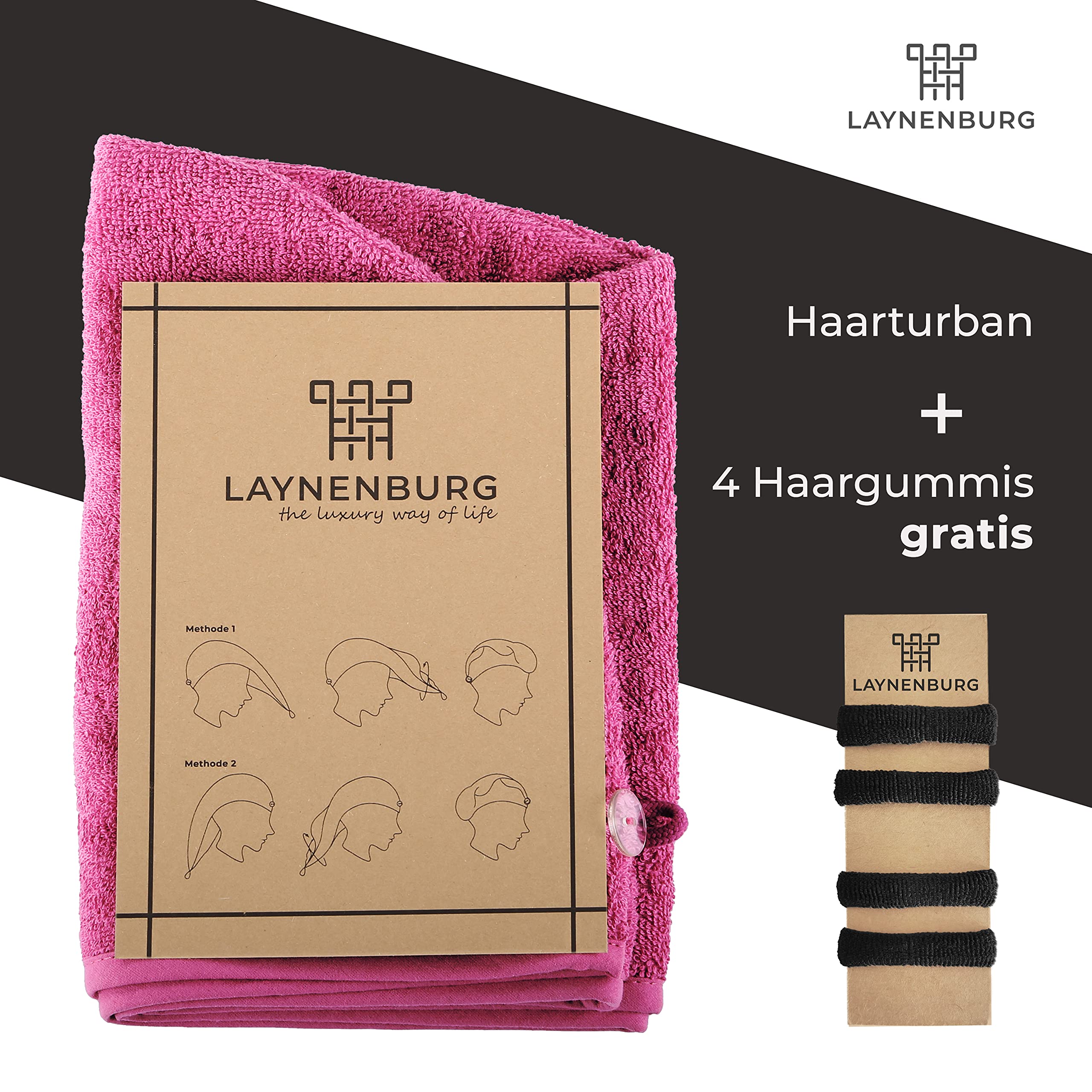 LAYNENBURG Asciugamano Turbante Deluxe con Bottone per Capelli Corti e Lunghi - Spugna di Cotone - 4 Lacci per Capelli Gratis - Asciugatura Rapida e asciugacapelli Super Assorbente (Fucsia)