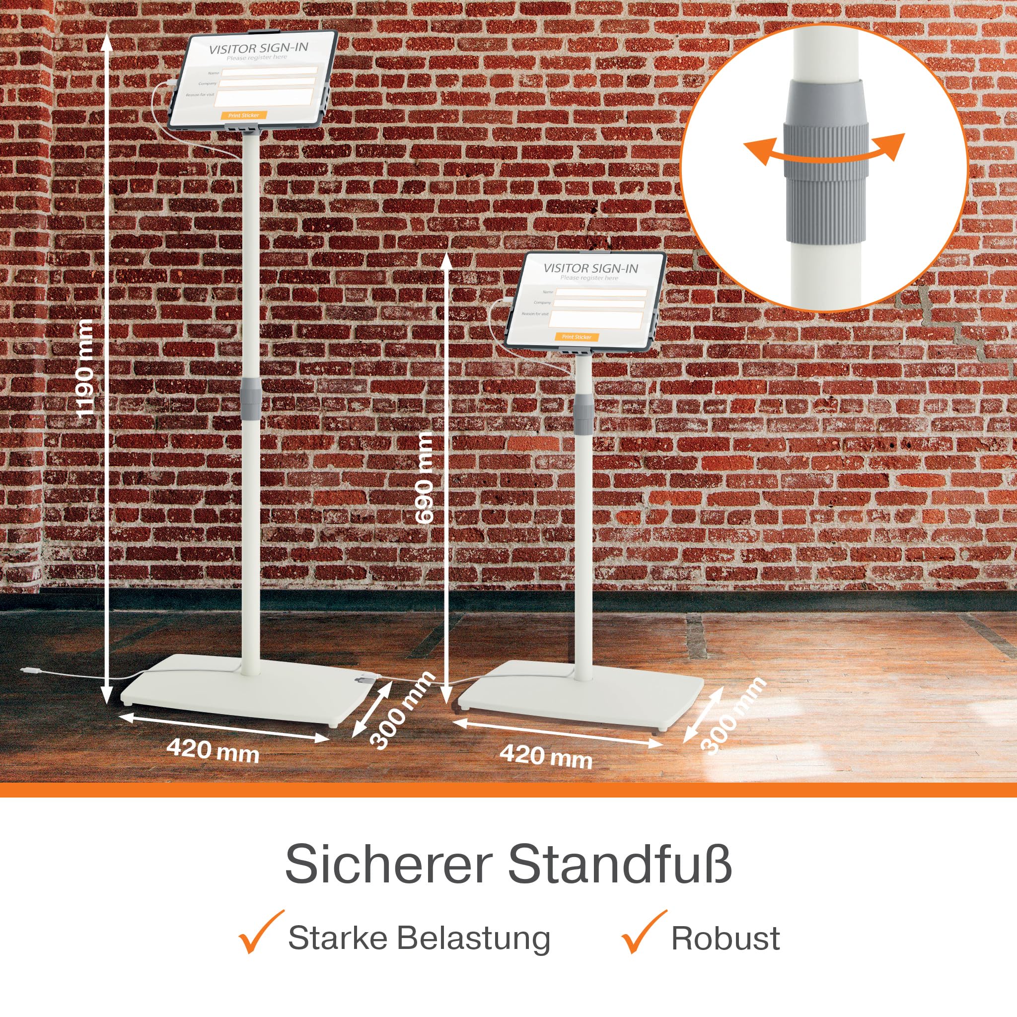 Nobo Impression Pro Tablet-Bodenständer, höhenverstellbar & abschließbar | Für Tablets 9"-12,9", Höhe 690-1190 mm, drehbar, Kabelmanagement, Diebstahlschutz, Empfang, Shop, Messe, weiß