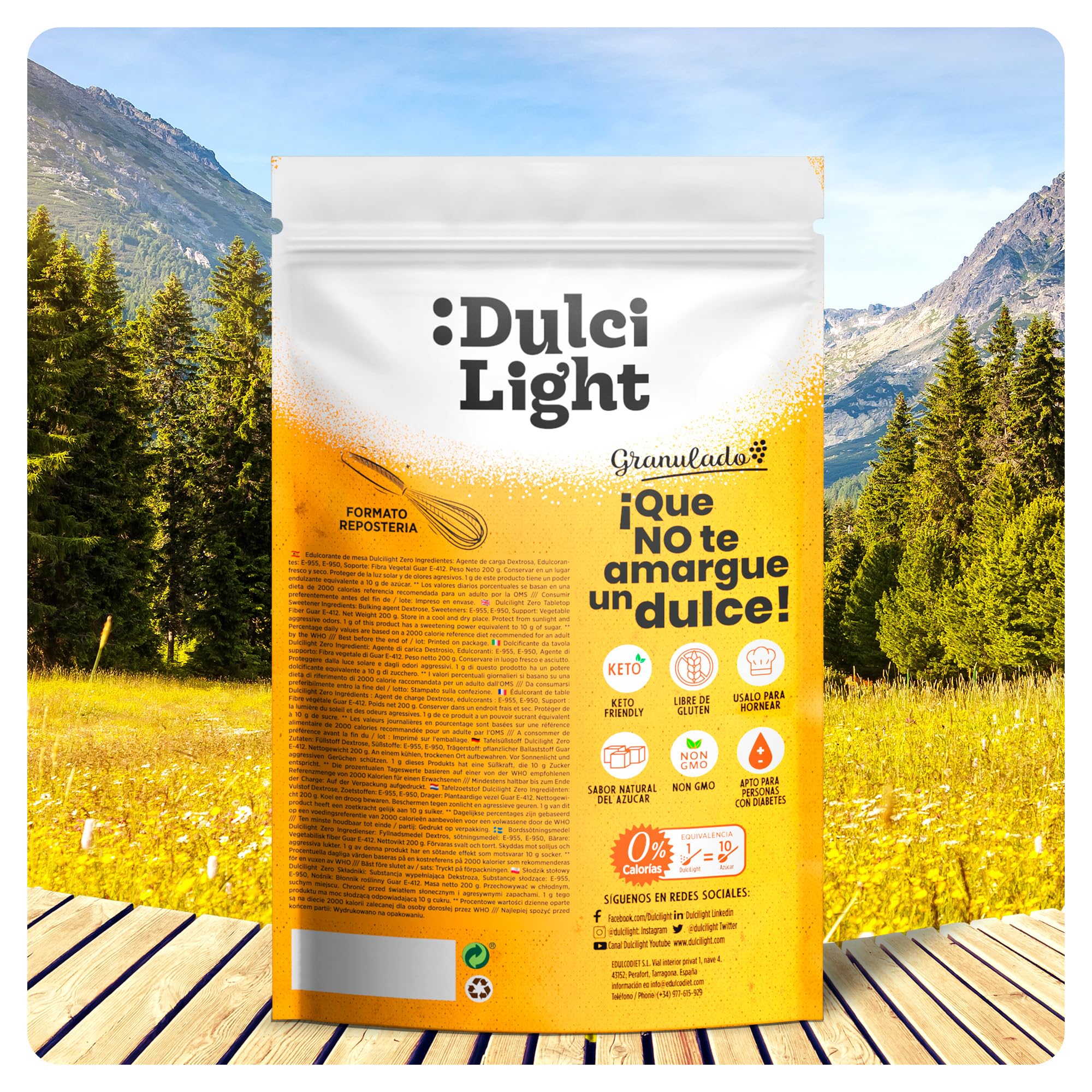 Dulcilight Edulcorante Sucralosa Zero Doypack 200 gr Sabor Natural Granulado con Fibra Vegetal Keto
