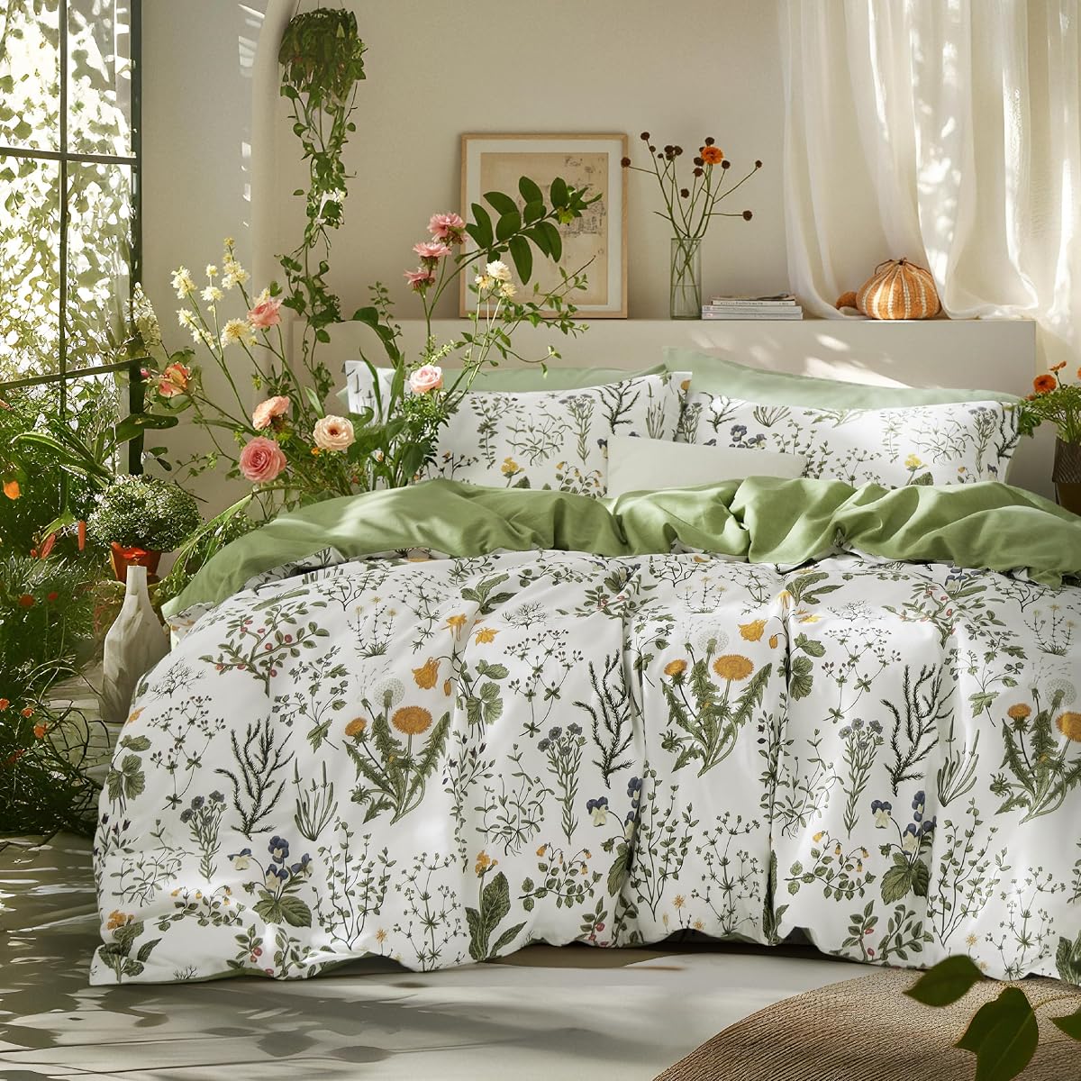 Bedsure PureWoven 100% Cotton Floral Duvet Cover Set, Queen, Green | Reversible, Soft, Breathable, Zipper Closure, 8 Interior Ties, Machine Washable, 3 Pieces with 2 Pillow Shams, 90" X 90"