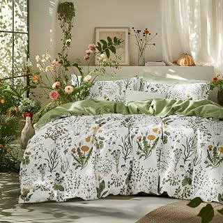 Bedsure Duvet Cover King Size - 100% Cotton Reversible Floral King Duvet Cover Set with Zipper Closure, 3 Pieces Soft & Breathable PureWoven Green Bedding Set with 2 Pillow Shams 20"x36"