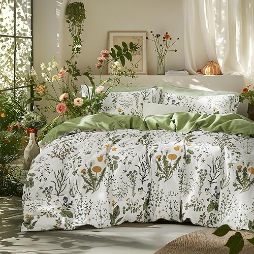 Bedsure Duvet Cover Full Size - 100% Cotton Reversible Floral Full Duvet Cover Set with Zipper Closure, 3 Pieces Soft & Breathable Green Bedding Set with 2 Pillow Shams 20"x26"