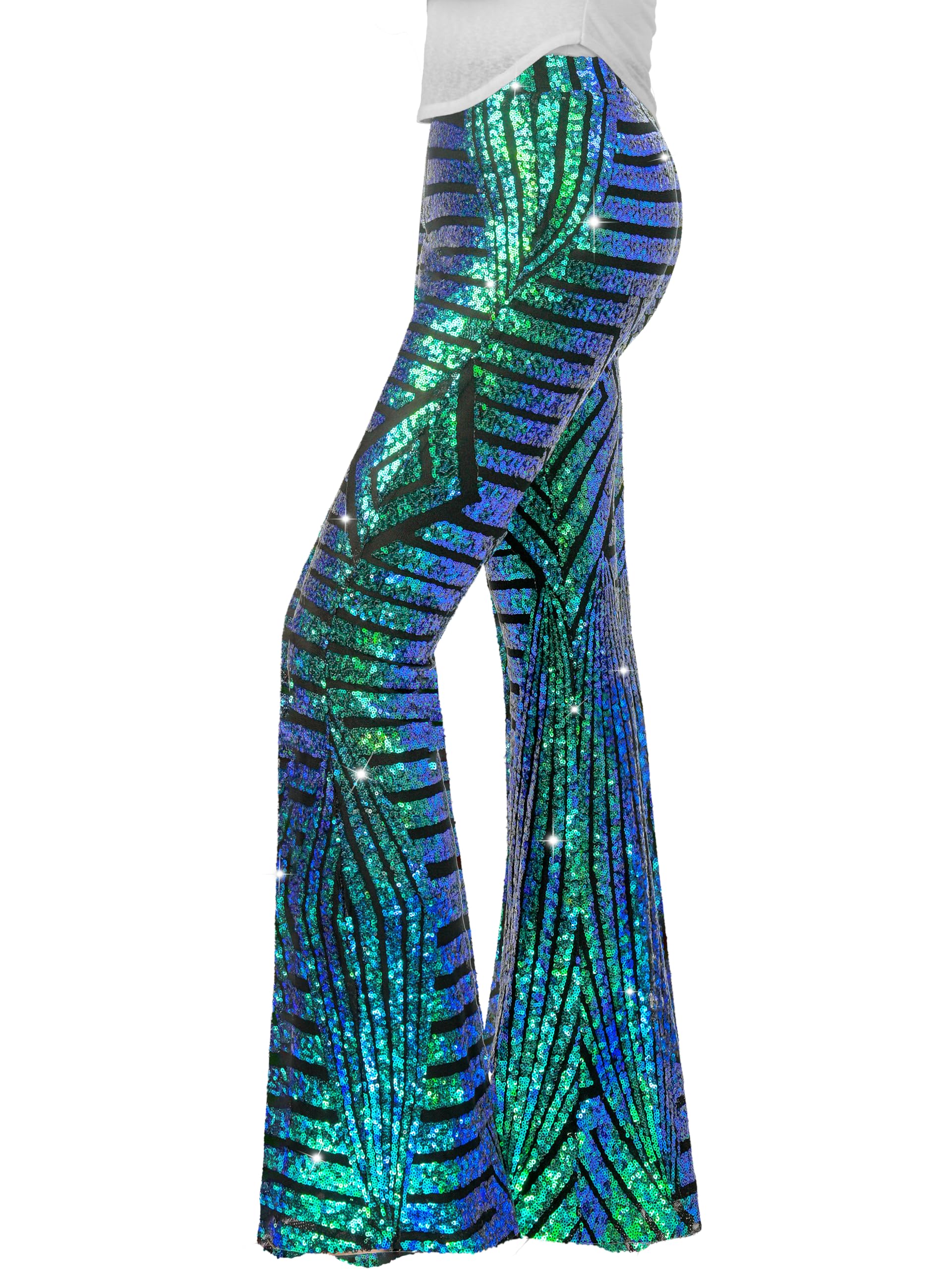 Nawgut Pantalones acampanados de lentejuelas con purpurina brillante de cintura alta, pantalones acampanados para fiesta de discoteca, ropa de club para mujer
