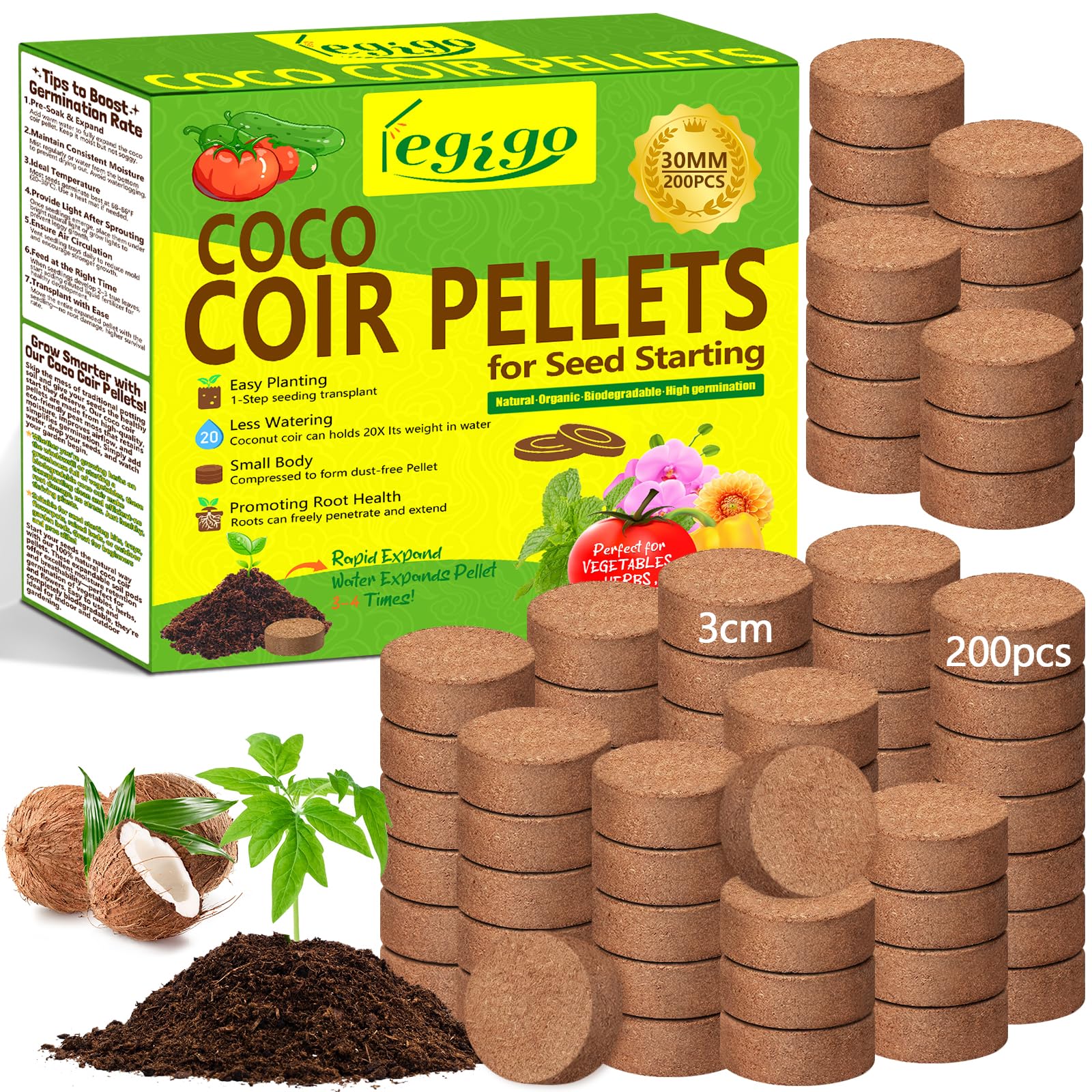 200 Pcs 30mm Coco Coir Pellets Seed Starter Soil Mix- Organic Coconut Coir Potting Soil Pods for Seedling, Coco Peat Soil Discs for Indoor & Outdoor Plants Bonsai Herbs Vegetables and Flowers