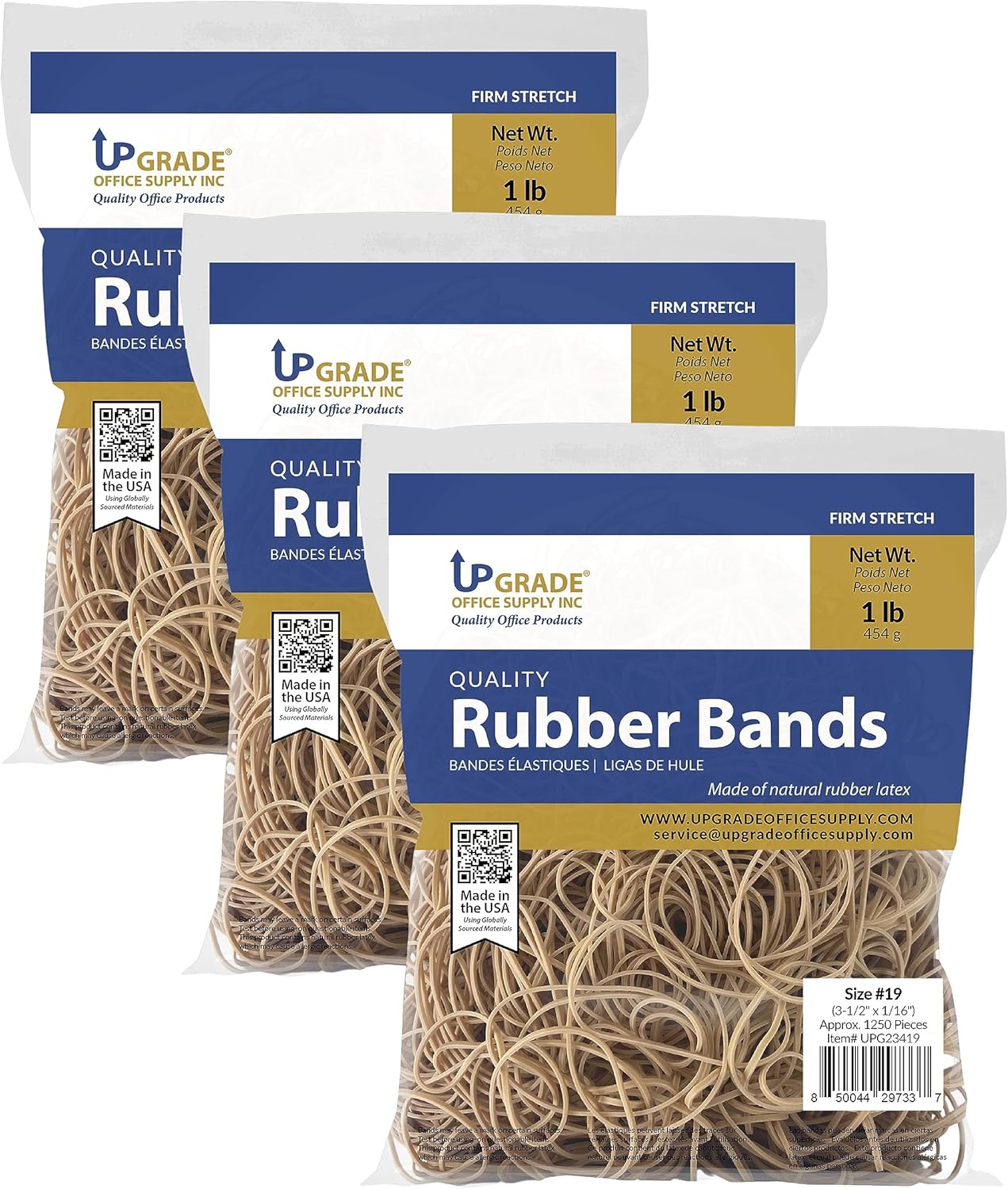 Upgrade Office Supply UPG23419PK3 Rubber Bands, Size #19 (3-1/2 in x 1/16 in), 1,250 Bands, 1 lb, 3-Pack, USA