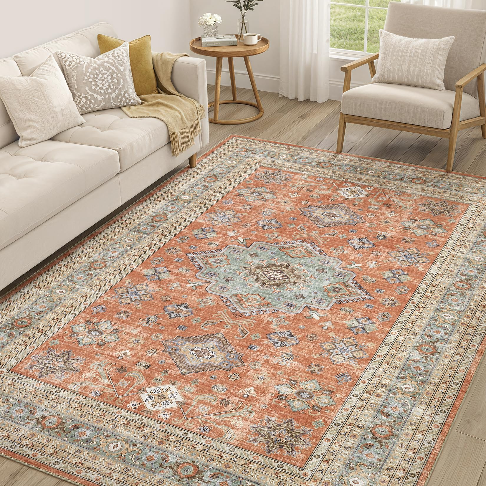 Vintage Living Room Area Rug 5x7 - Large Soft Washable Oriental Traditional Distressed Farmhouse Rugs for Bedroom - Indoor Floor Accent Carpet for Home Office House Decor - Orange โ image 1
